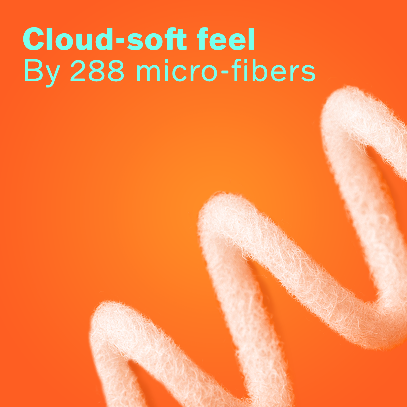 Macro view of 288 soft micro-fibers in PuffClean floss that expand to sweep away plaque from wide tooth gaps.