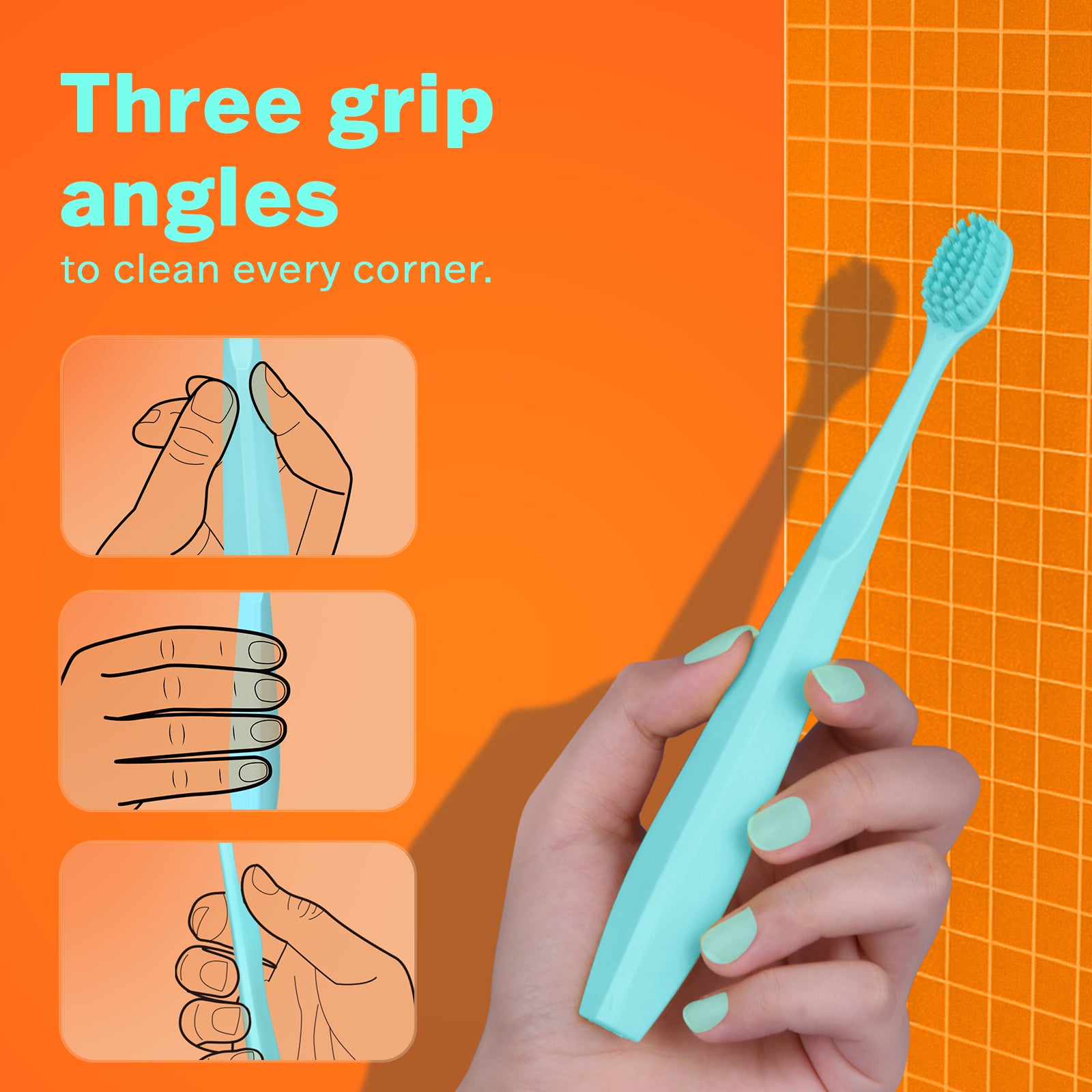 Ergonomic toothbrush handle in green, designed for a comfortable grip and precise cleaning control from 3 different angles.