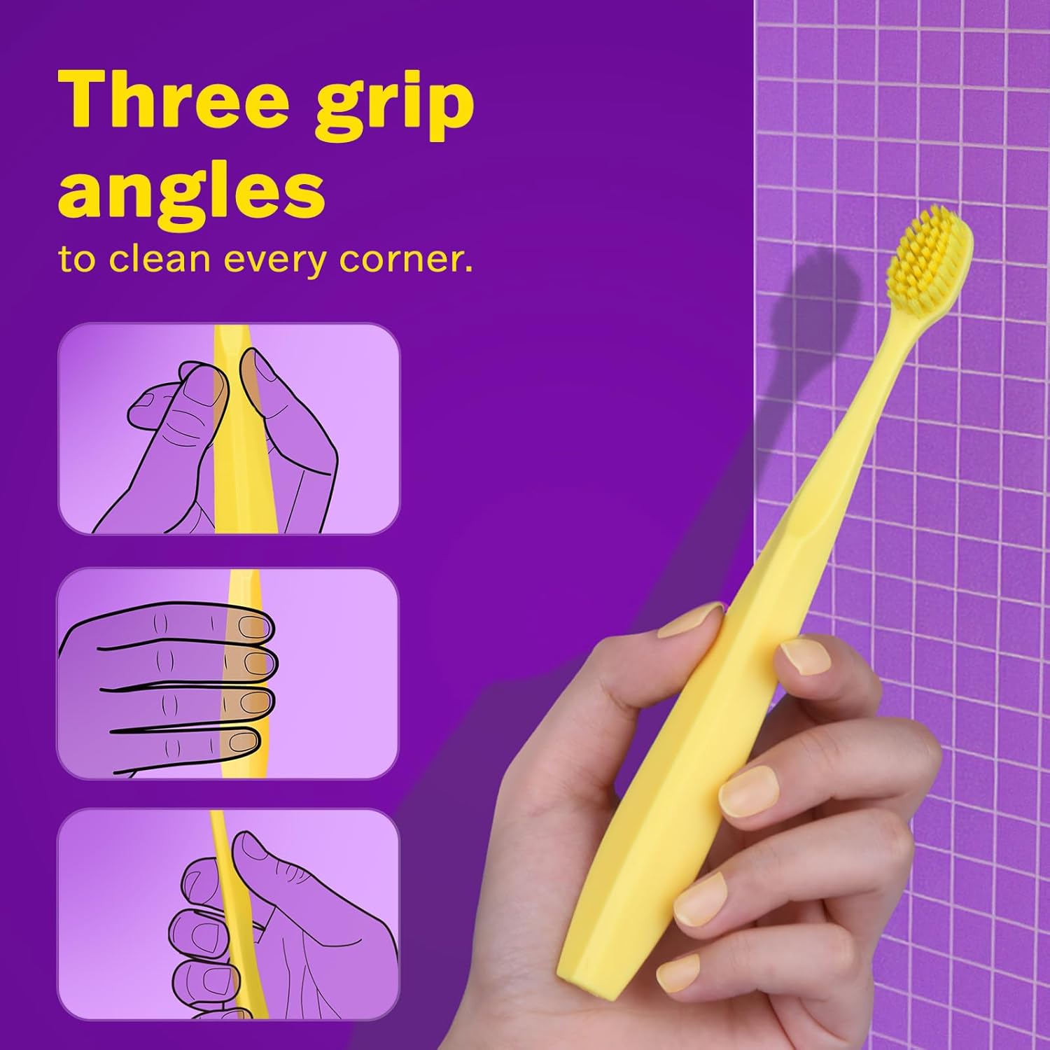 Ergonomic toothbrush handle in yellow, designed for a comfortable grip and precise cleaning control from 3 different angles.