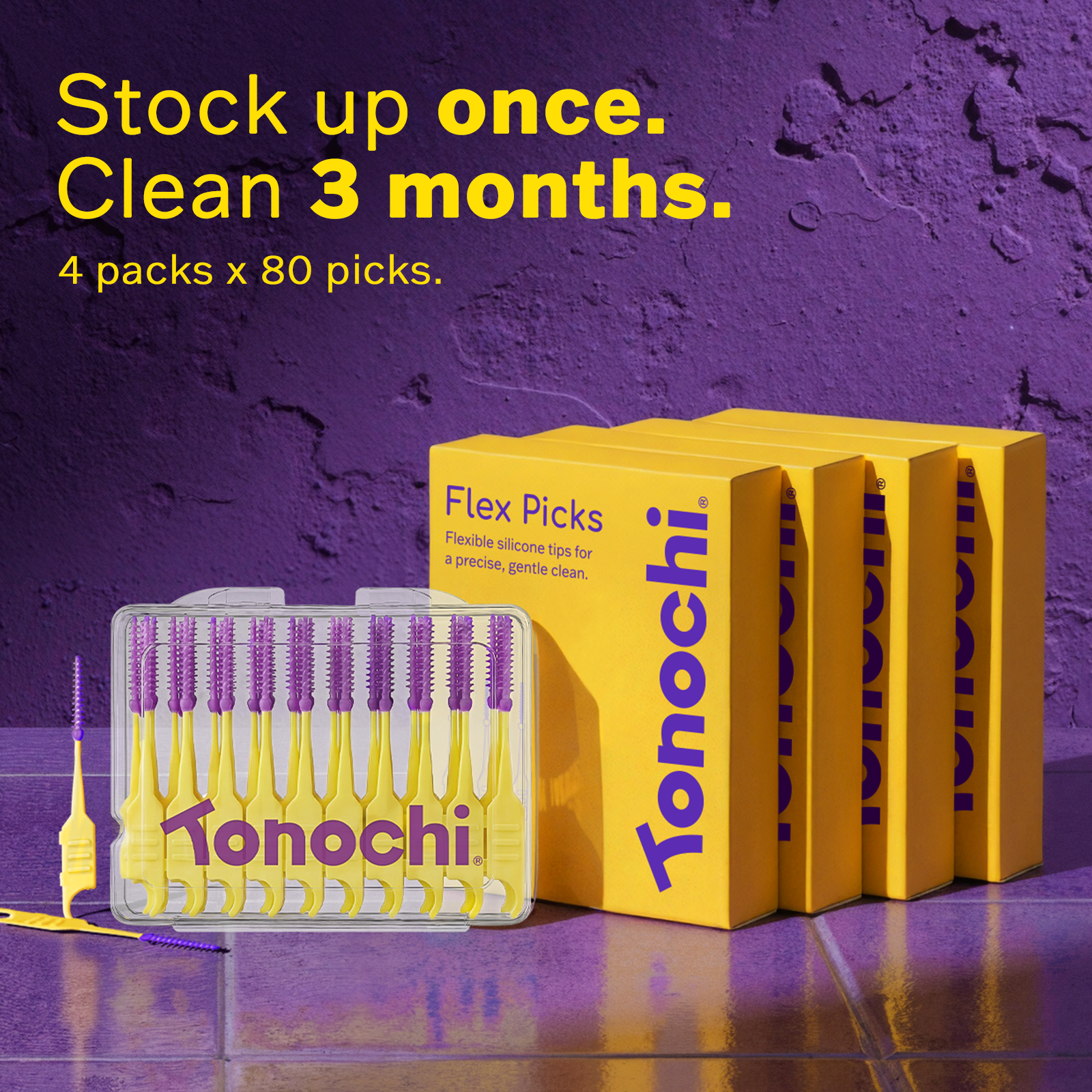 Tonochi flex picks packaging with promotional text on a purple background