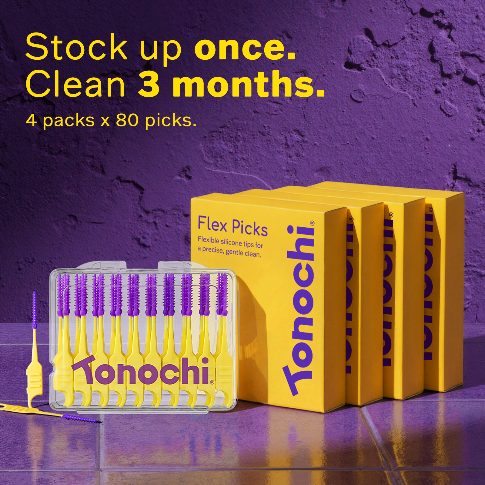 Tonochi flex picks packaging with promotional text on a purple background