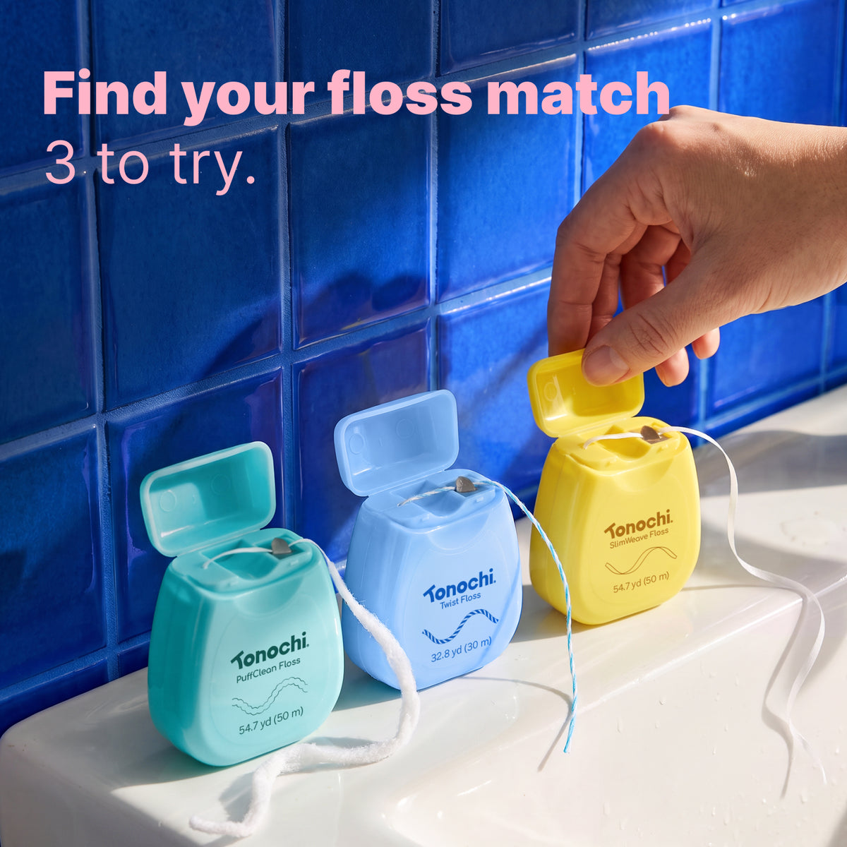 Three Tonochi floss dispensers on a bathroom shelf: find your floss match, 3 to try