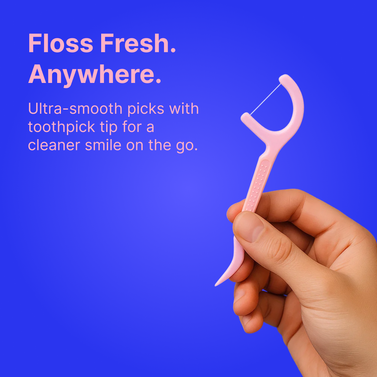 Hand holding a pink dental floss pick with a toothpick tip against a blue background and product description text