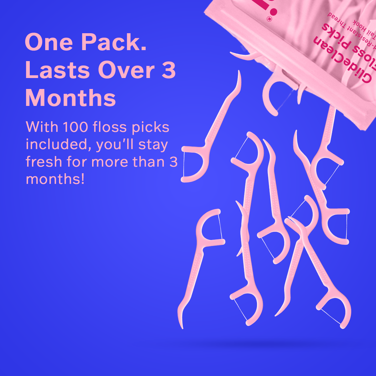 Pink Tonochi floss picks spilling from package on blue background with text highlighting 100 floss picks for over 3 months of use