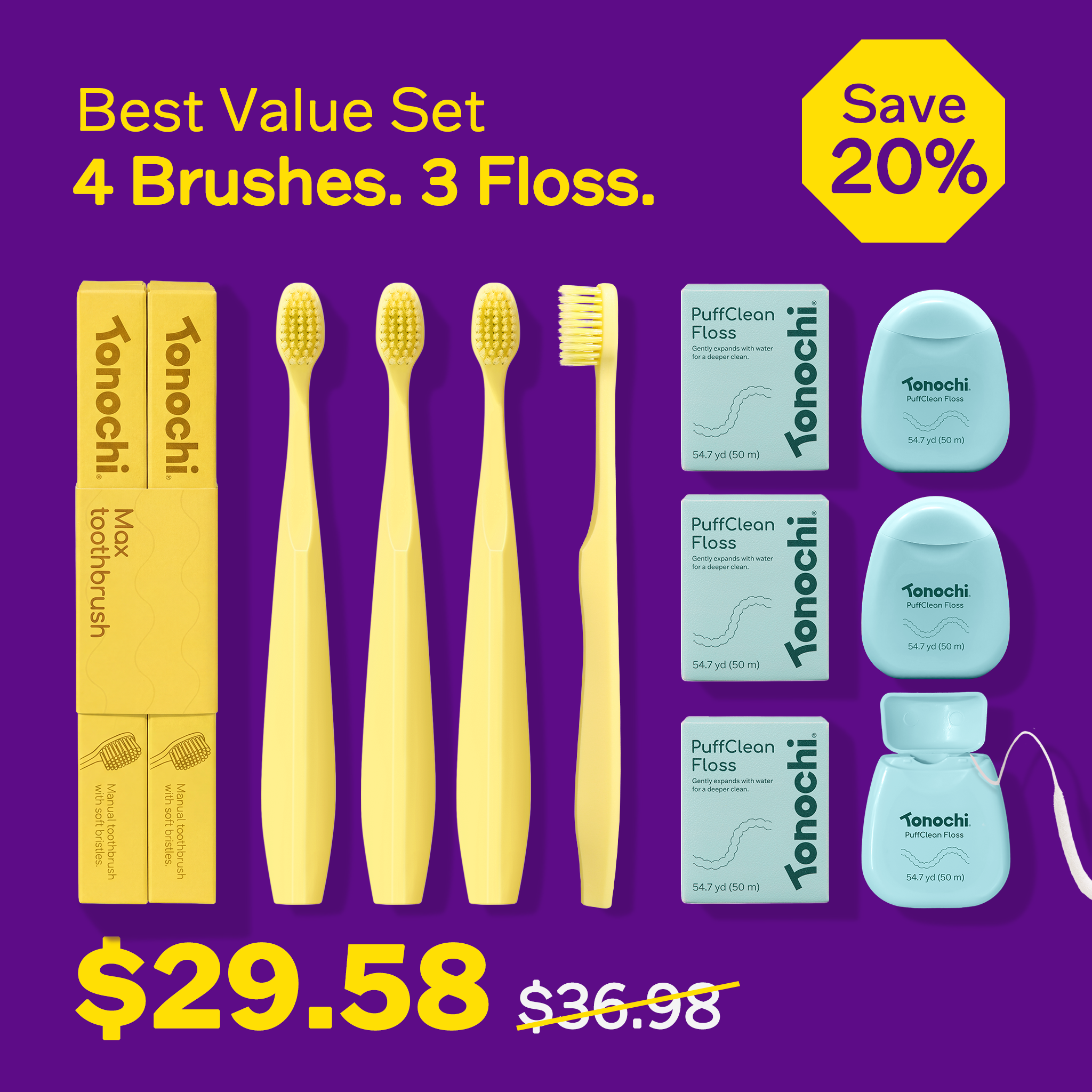Best Value Set of Tonochi includes 4 yellow toothbrushes and 3 blue floss packs