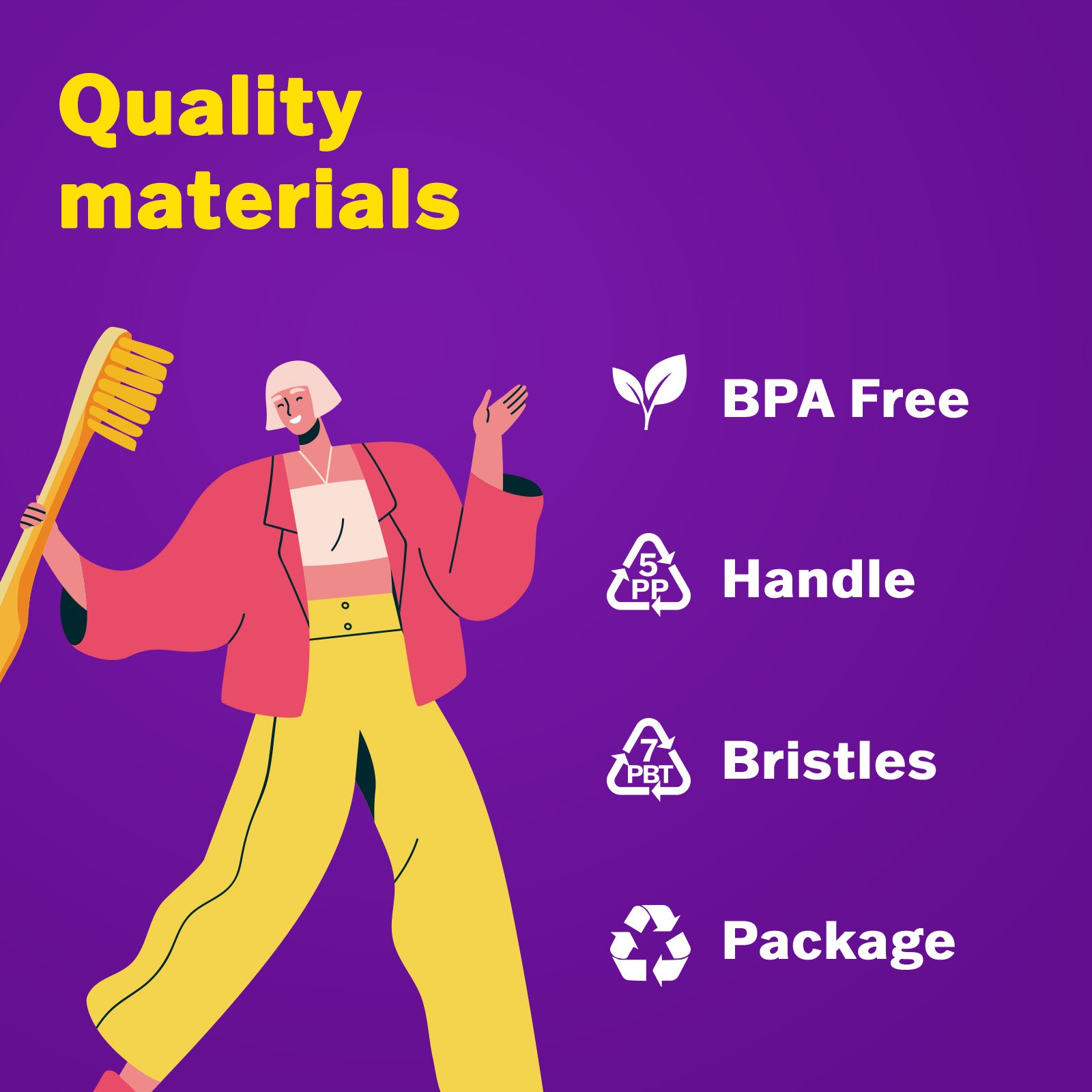 A smiling woman in bright clothing holds a toothbrush next to icons stating