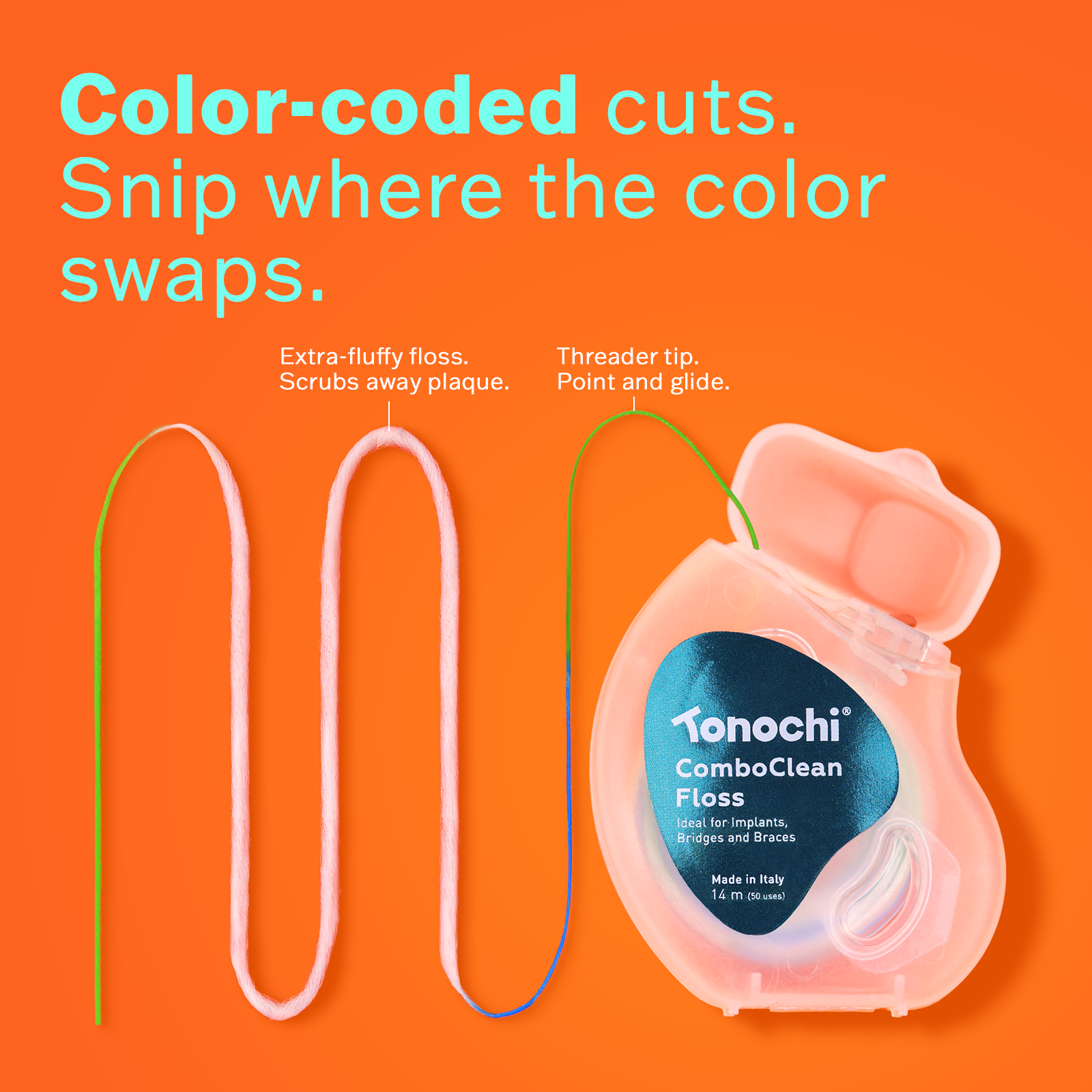 Bi-colored dental floss with green and blue segments for precise cutting and reduced waste.