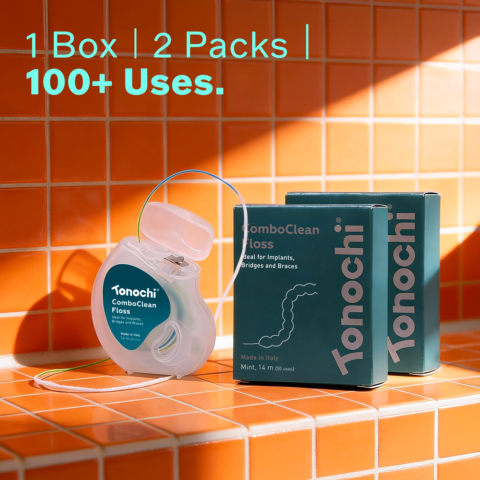Two-pack of Tonochi ComboClean floss dispensers on a bathroom counter, offering 100+ uses for dental hardware.