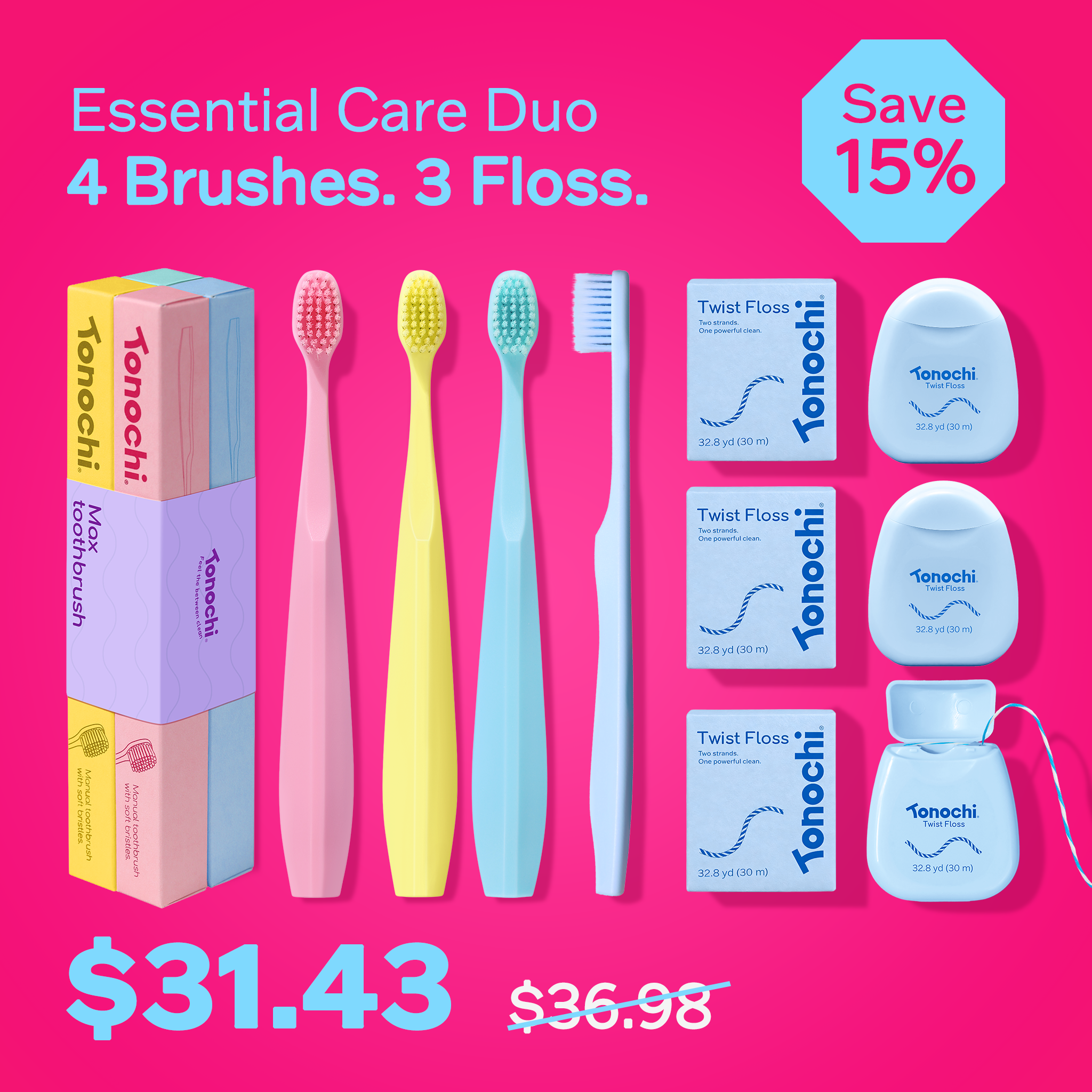 Essential Care Duo featuring Tonochi's colorful toothbrushes and floss with a promotional