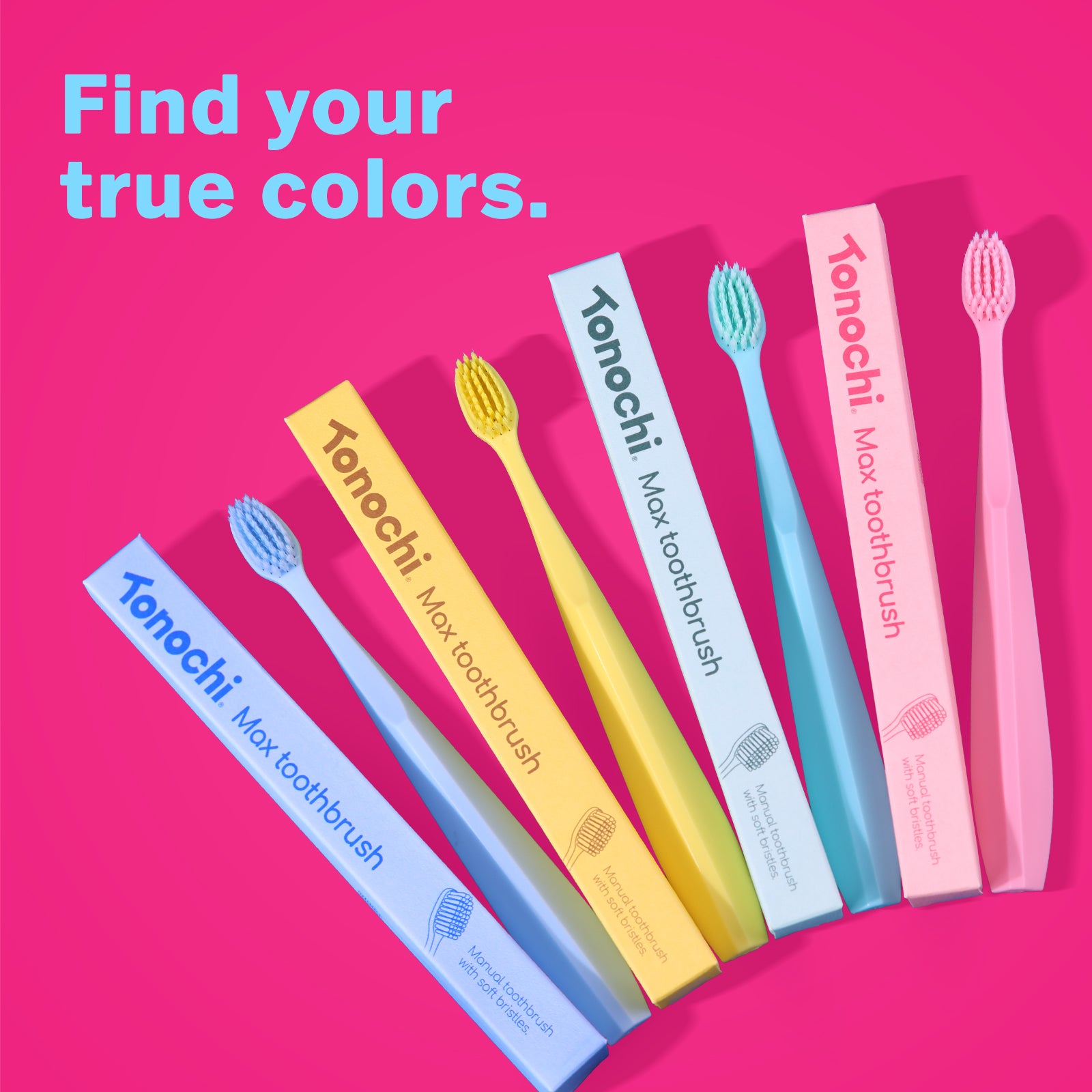 Colorful Tonochi Max toothbrushes in blue, yellow, pink, and green with the text