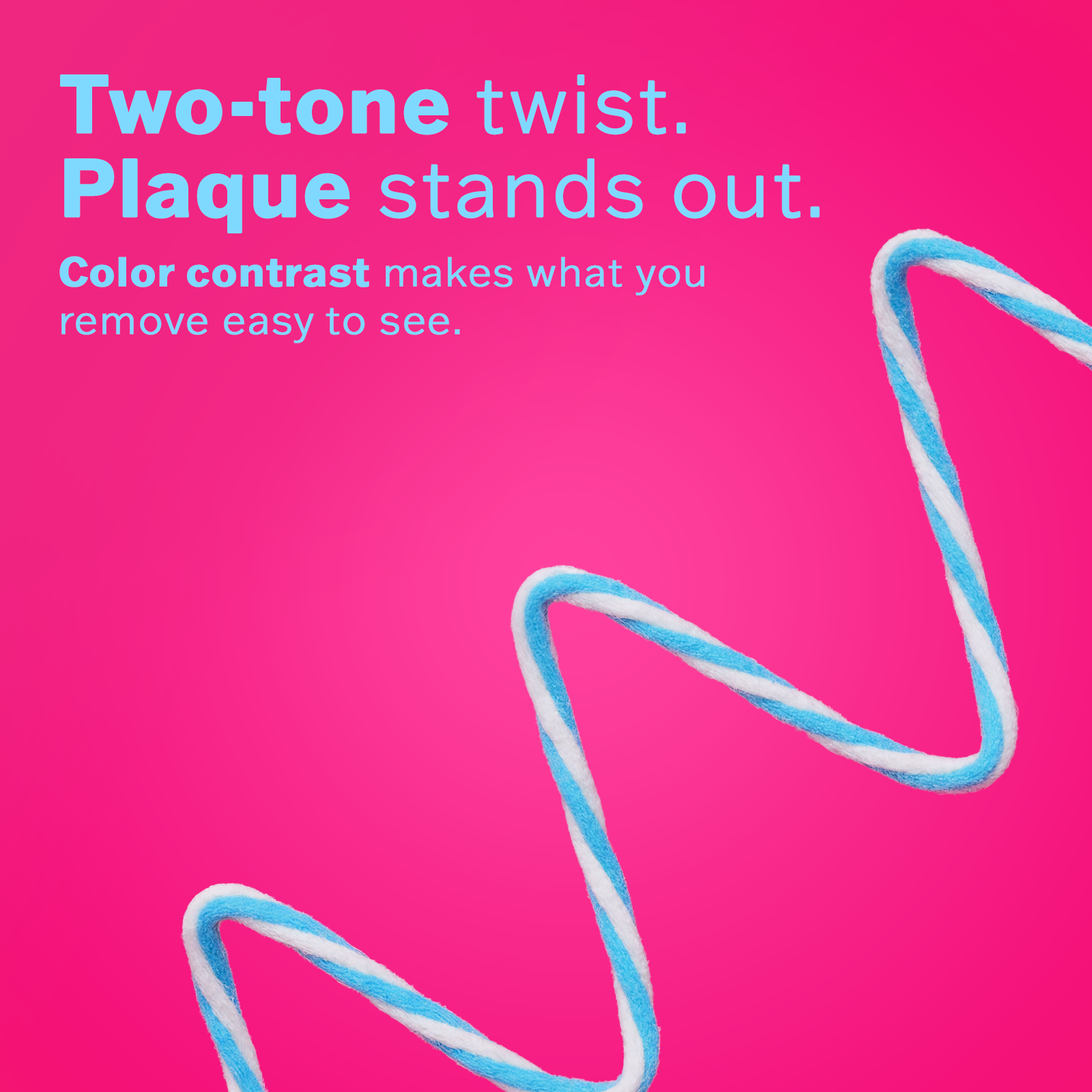 Two-tone twist with blue and white strand on a pink background highlights
