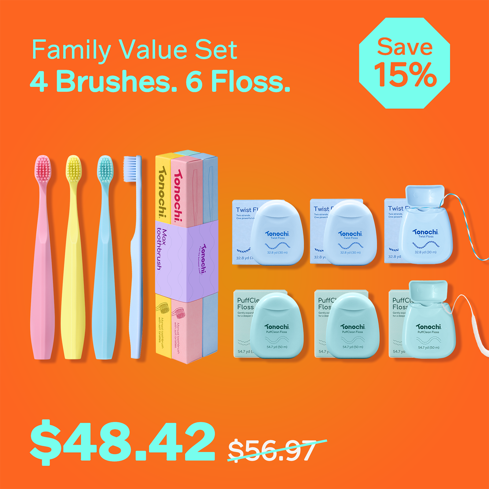 Family Value Set includes 4 colorful toothbrushes and 6 flosses