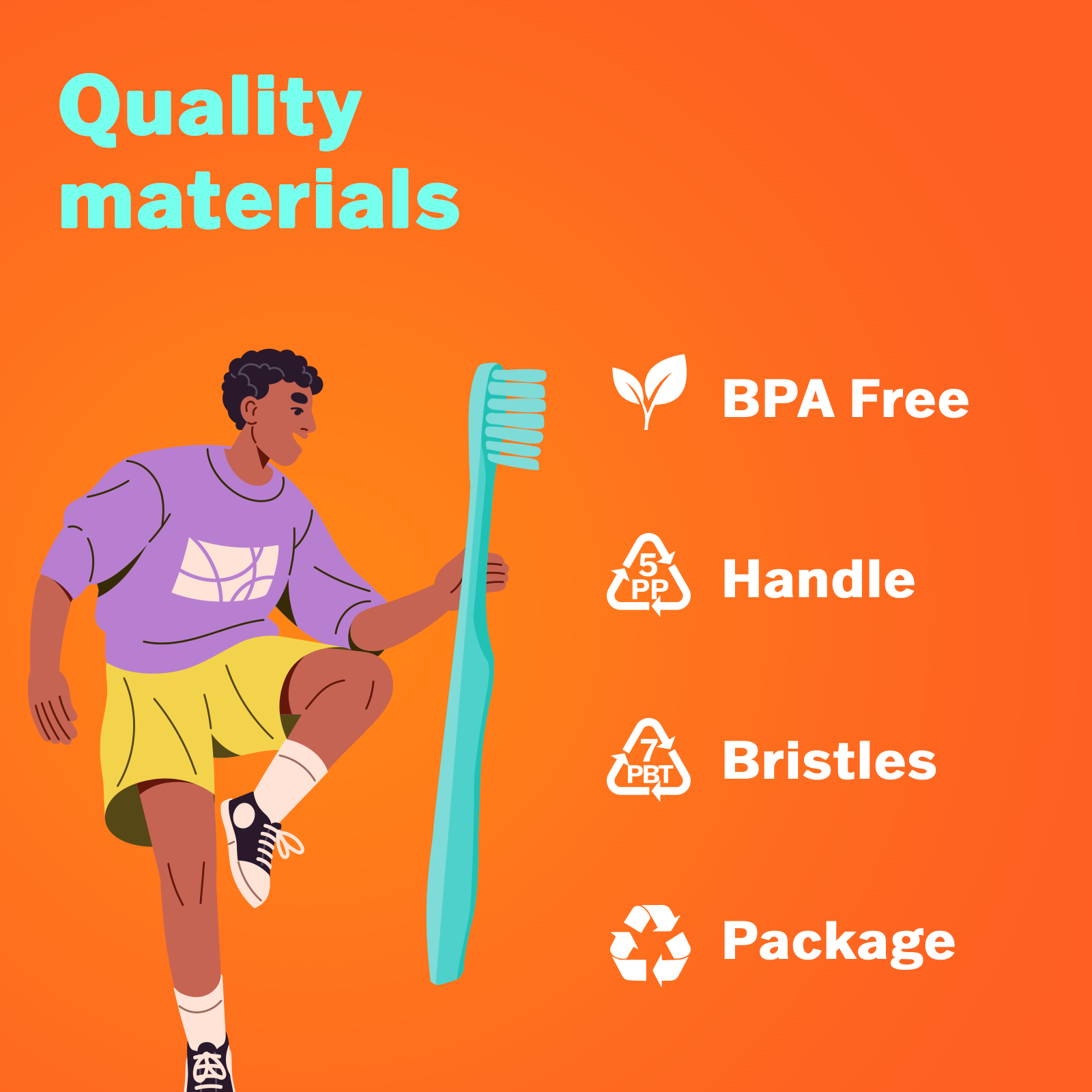 Person holding a toothbrush with 'Quality materials' text and icons on a pink background