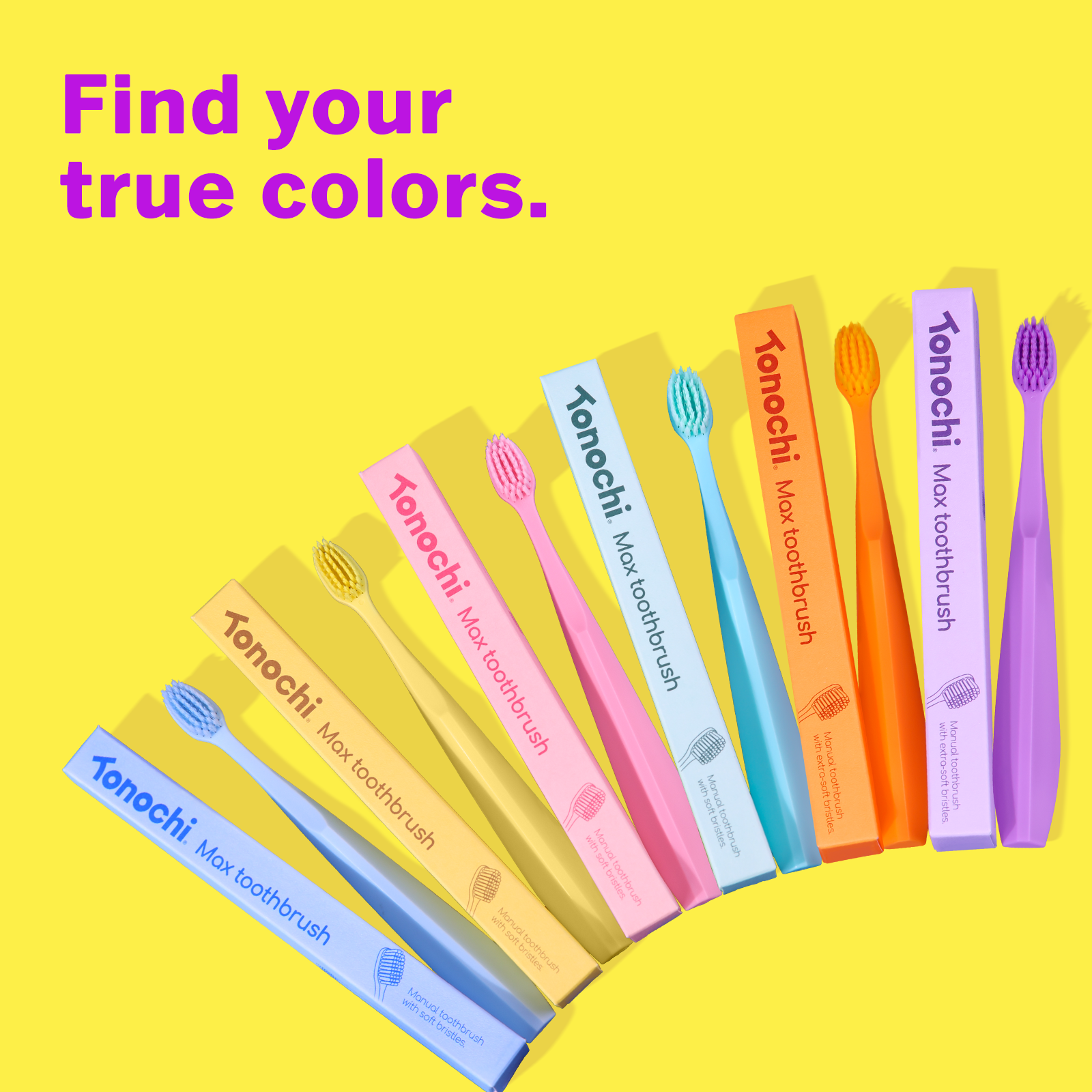 Six Tonochi Max toothbrushes in assorted Macaron colors: mint green, blush pink, sky blue, lemon yellow, sunset orange and lavender.