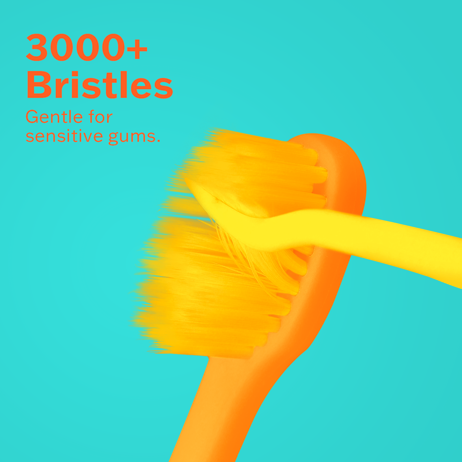 Close-up of 3,000+ extra-soft orange bristles on the Max Toothbrush, designed for a gentle clean on sensitive gums