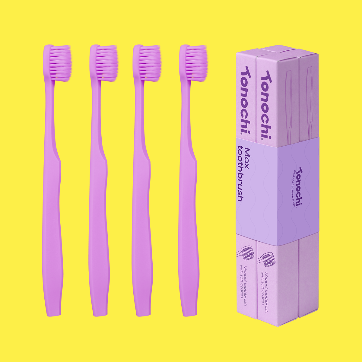 Tonochi Max Toothbrush 4-pack in lavender. Extra soft bristles for sensitive gums with colorful handles.