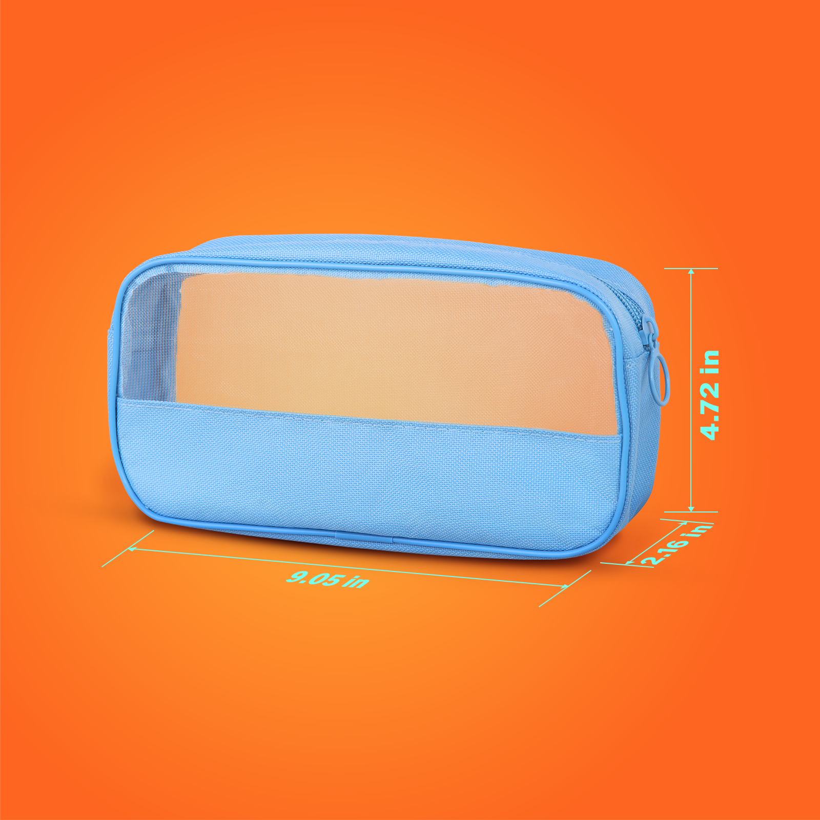 Blue rectangular pouch with a clear window on an orange background, showing measurements.