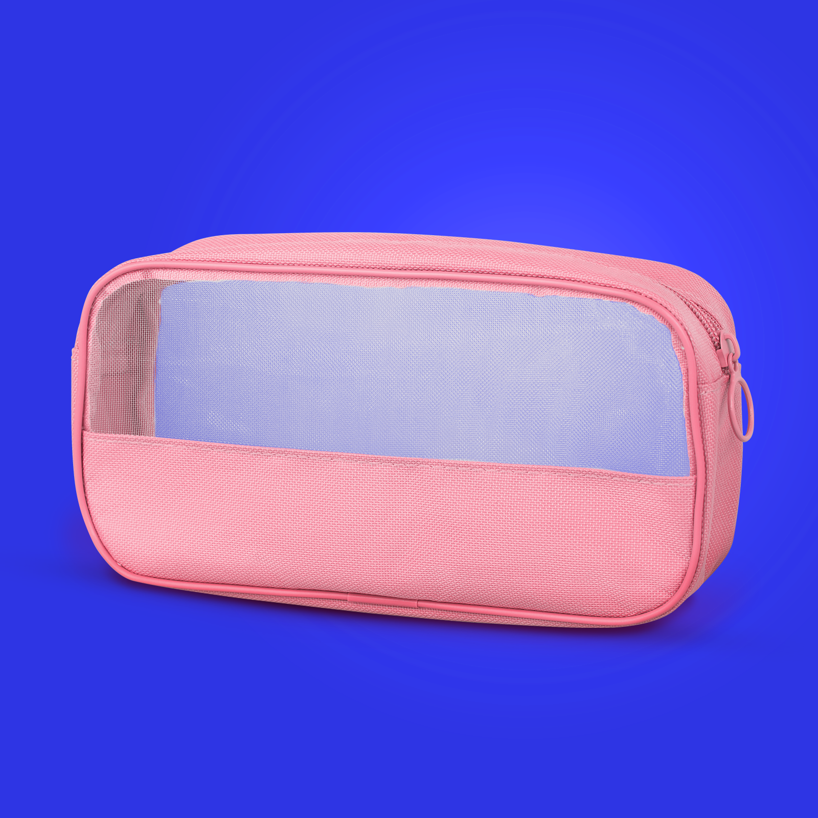 Pink toiletry bag with clear window on a blue background