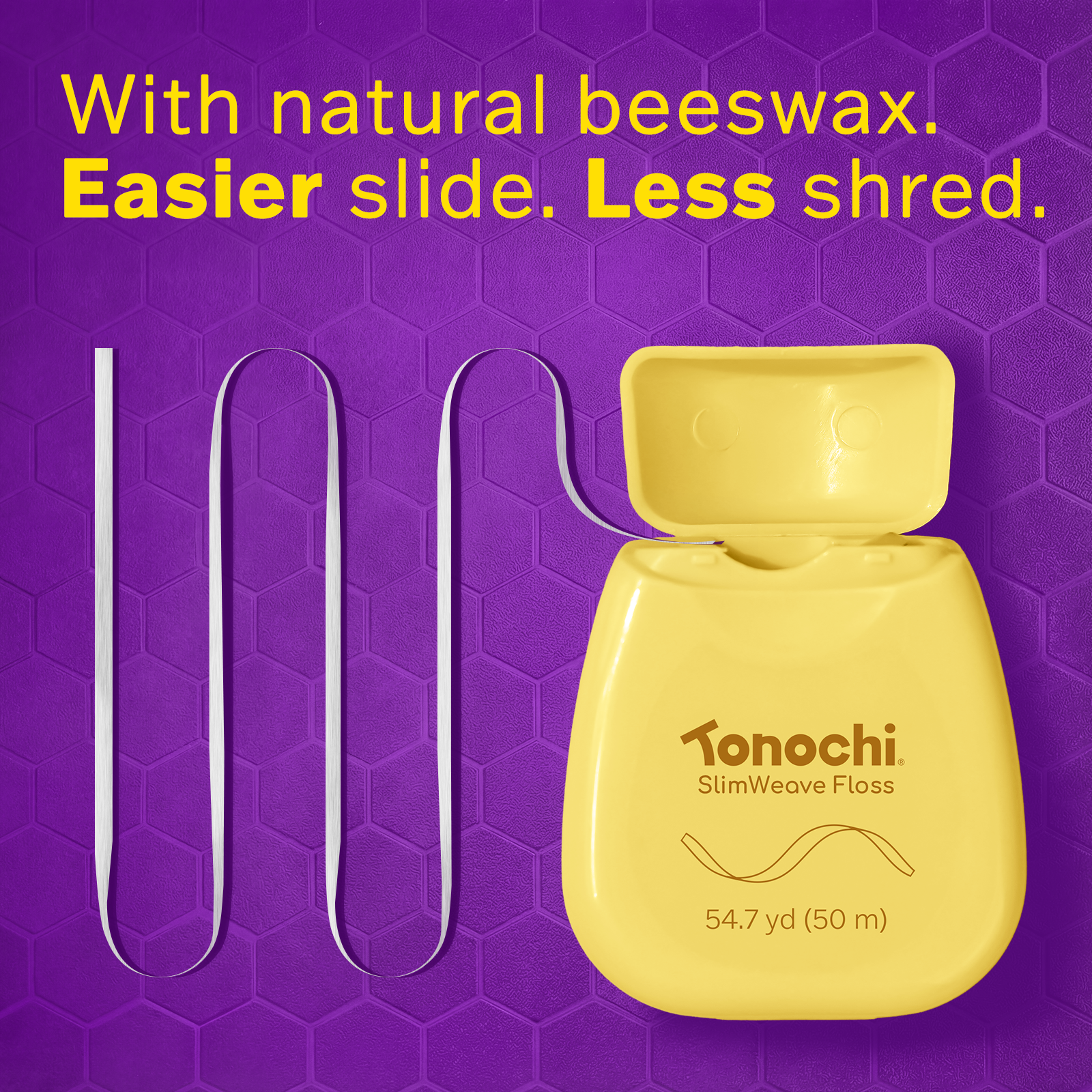 Illustration of SlimWeave floss coated in natural beeswax for a comfortable, low-friction glide during use.