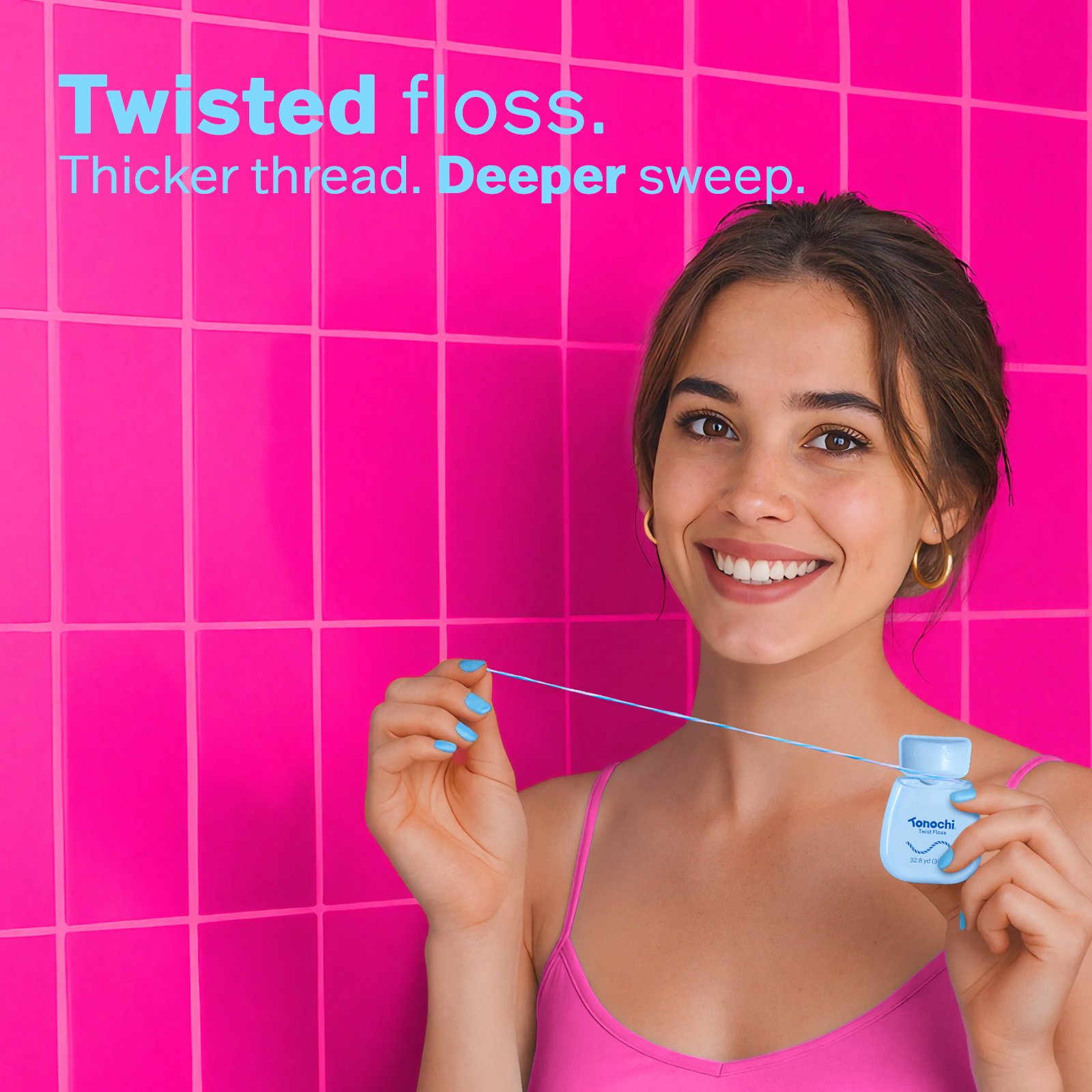 Smiling woman using Tonochi Twist Floss, featuring 432 micro-fibers built not to shred or break.