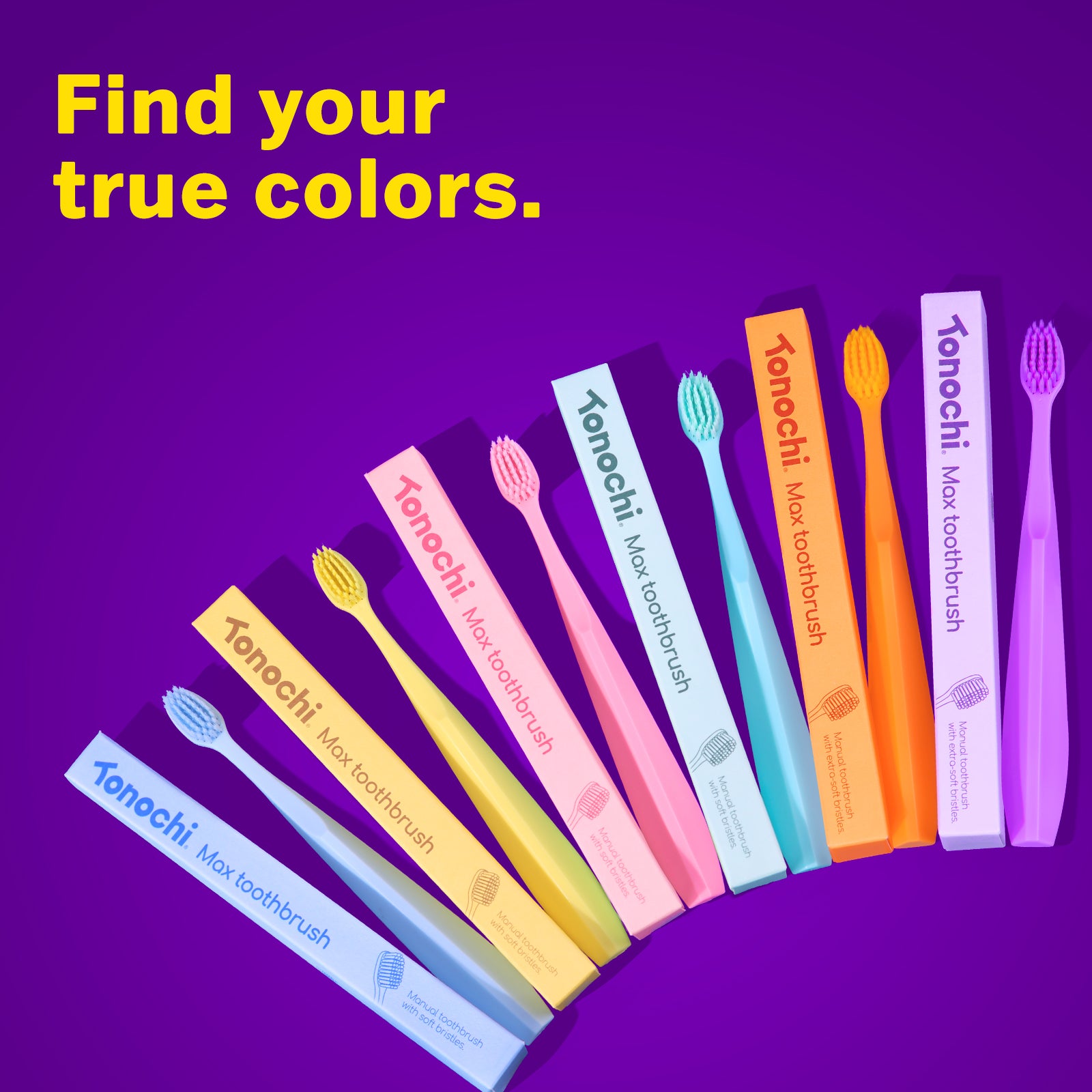 Colorful toothbrushes with 'Tonachi' branding on a purple background