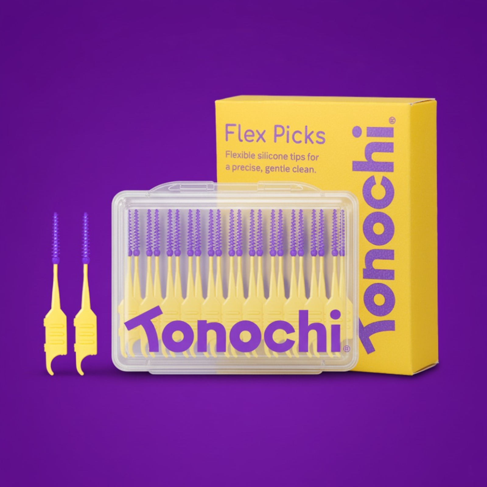 Tonochi Flex Picks with flexible purple silicone tips and yellow handles, in a clear case and yellow box on purple background