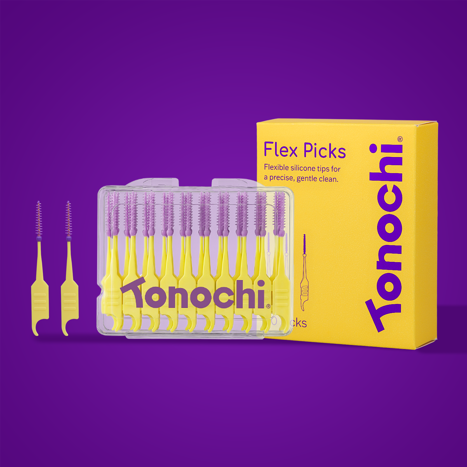 Tonochi Flex Picks with flexible purple silicone tips and yellow handles, in a clear case and yellow box on purple background