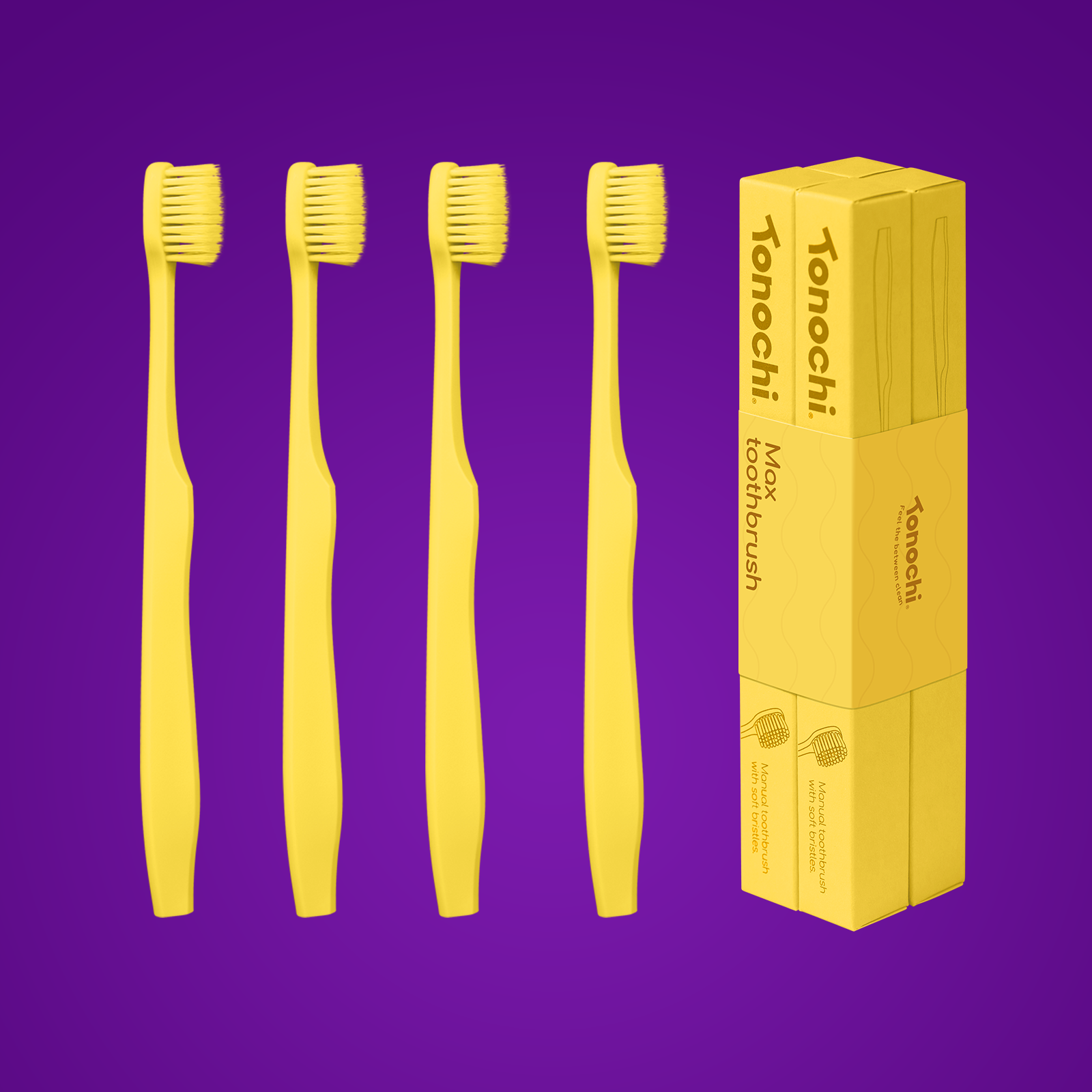 Tonochi Max Toothbrush 4-pack in lemon yellow. Extra soft bristles for a gentle clean of sensitive gums.