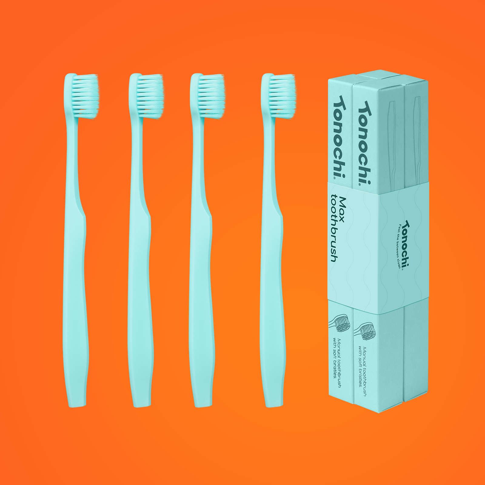 Tonochi Max Toothbrush 4-pack in mint green. Extra soft bristles for a gentle clean of sensitive gums.