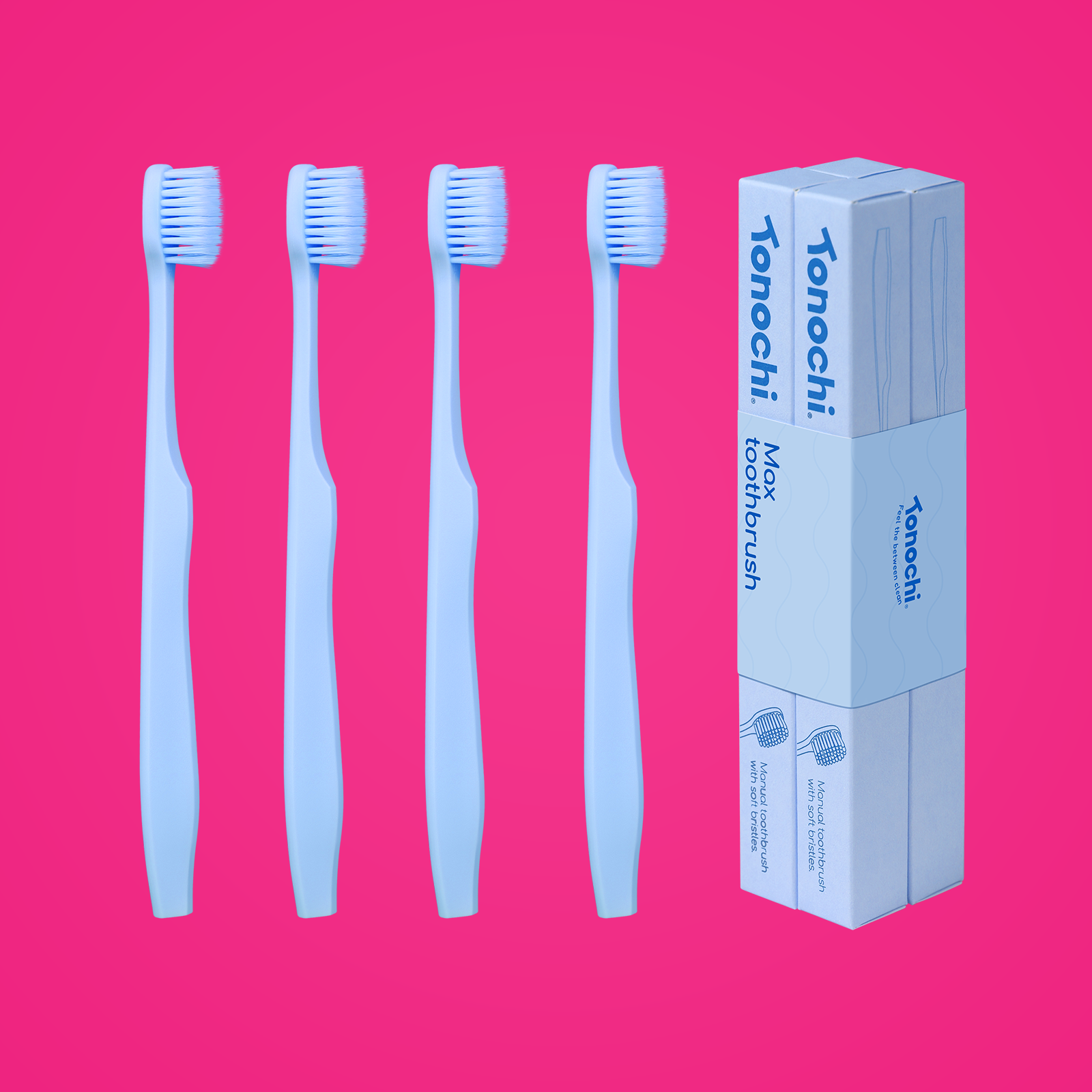 Tonochi Max Toothbrush 4-pack in sky blue. Extra soft bristles for a gentle clean of sensitive gums.