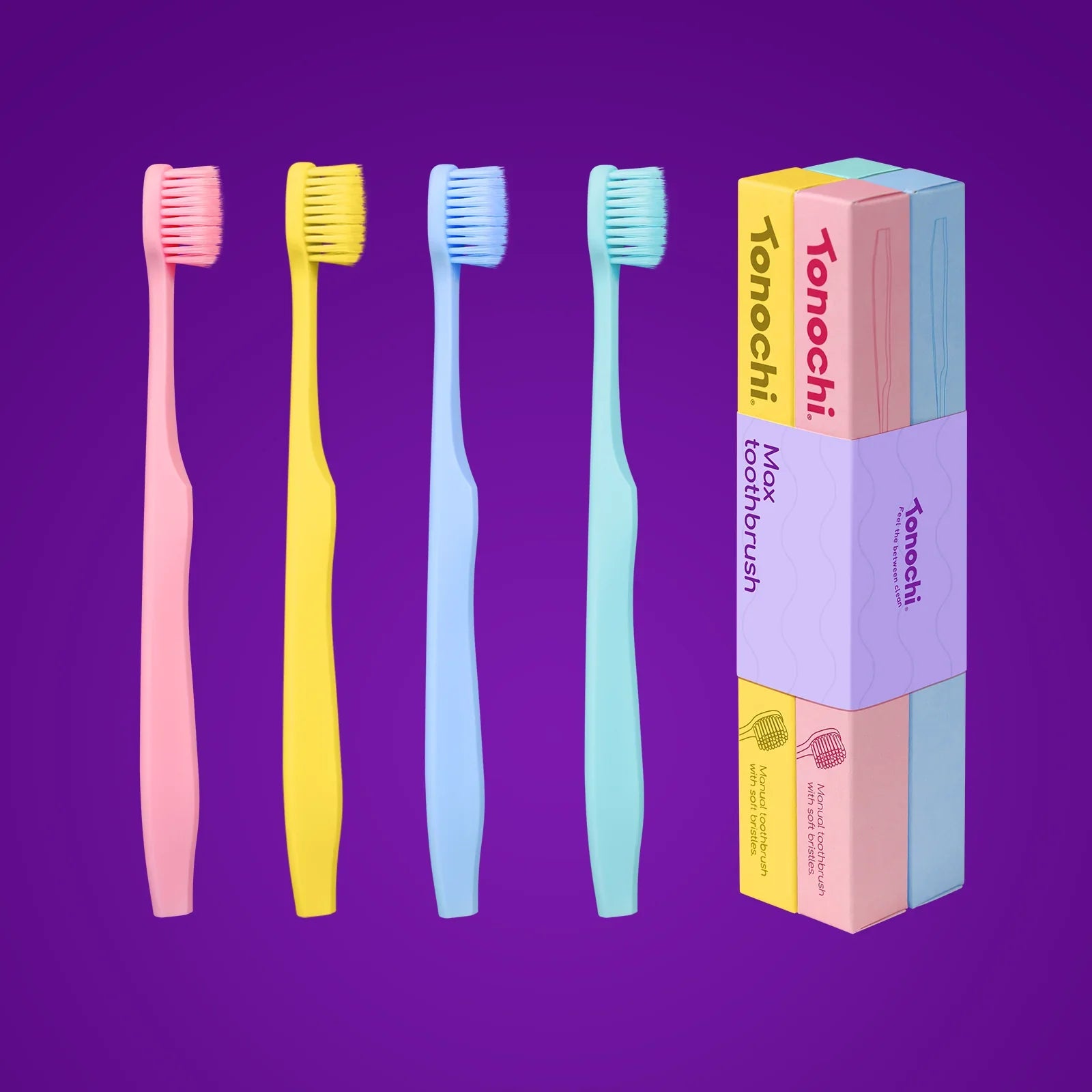 Four colorful Tonochi Max manual toothbrushes in pink, yellow, light blue, and mint on purple background with matching packaging boxes
