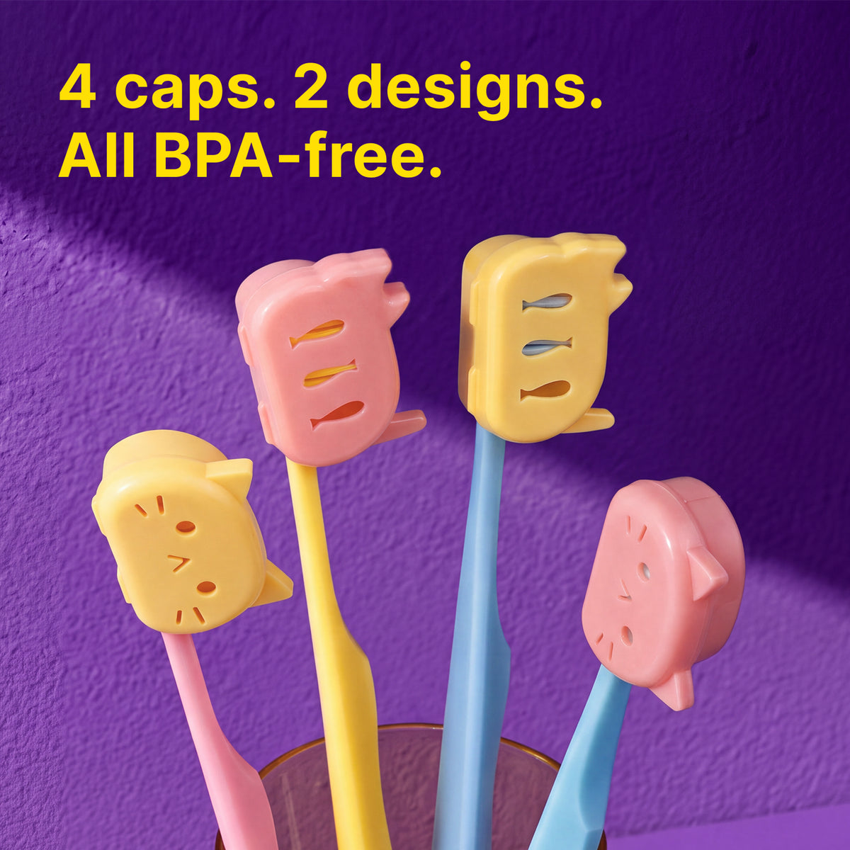 Four BPA-free Mew Cap toothbrush covers in two designs and mixed colors