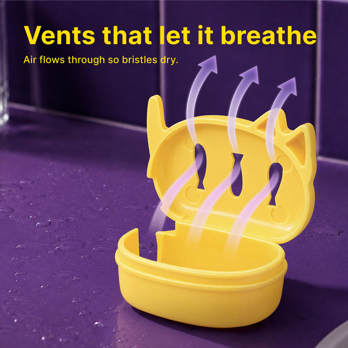 Mew Cap ventilation openings allowing airflow around toothbrush bristles