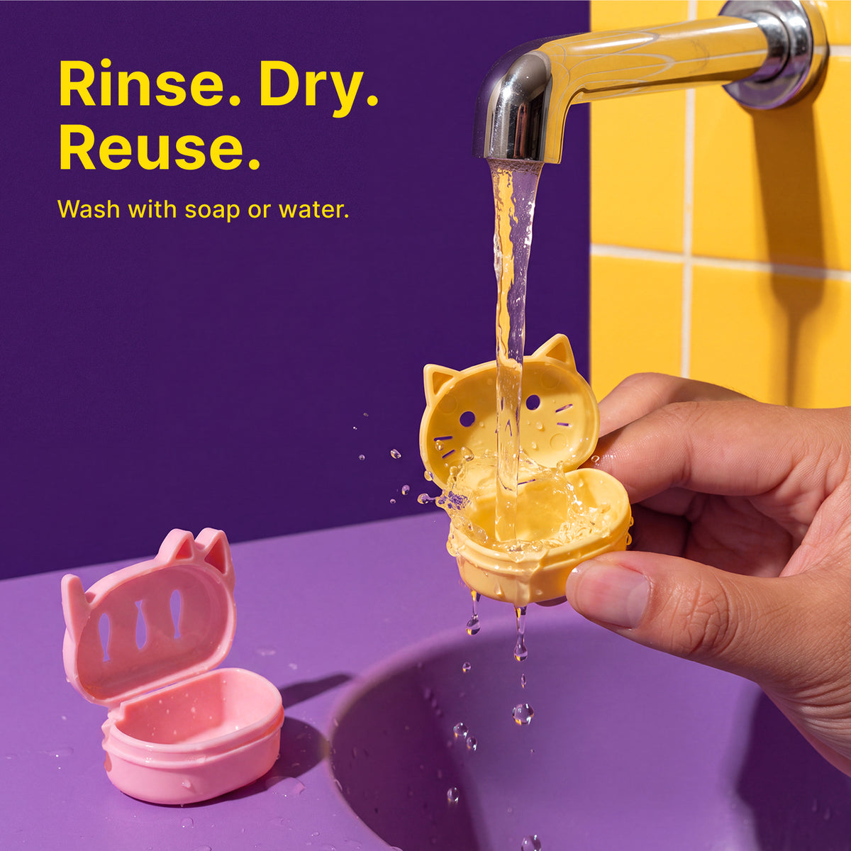 Reusable Mew Cap toothbrush cover being rinsed under running water