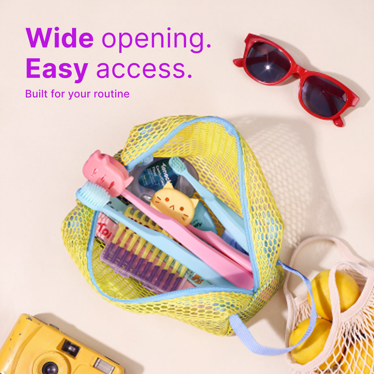 Wide zip opening on the yellow and blue toiletry pouch