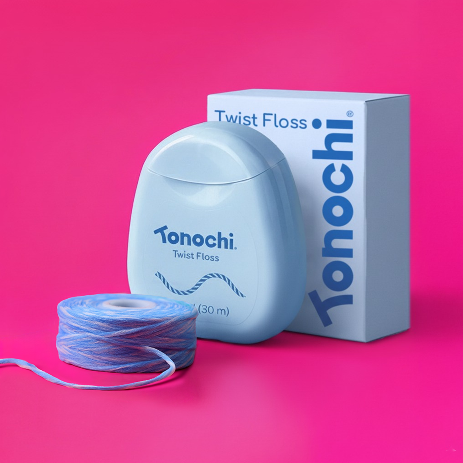 Tonochi Twist Floss 3-pack double-stranded dental floss for wider gaps, with blue dispenser and recyclable box.