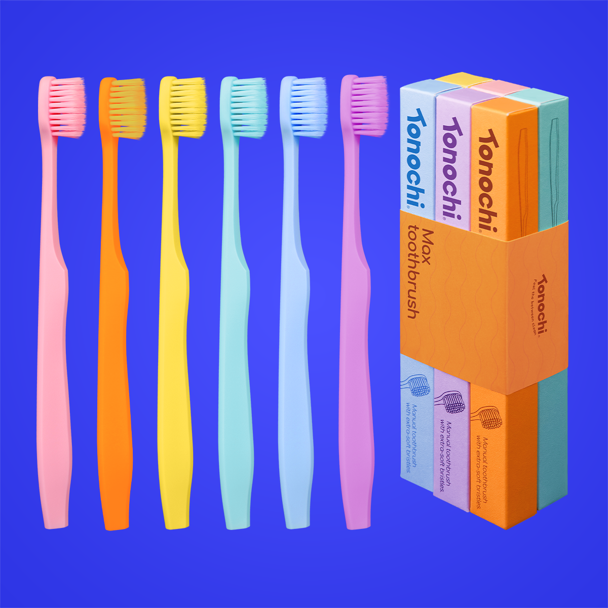 Tonochi Max Toothbrush 6-pack in 6 Rainbow colors. Extra soft bristles for sensitive gums with colorful handles.