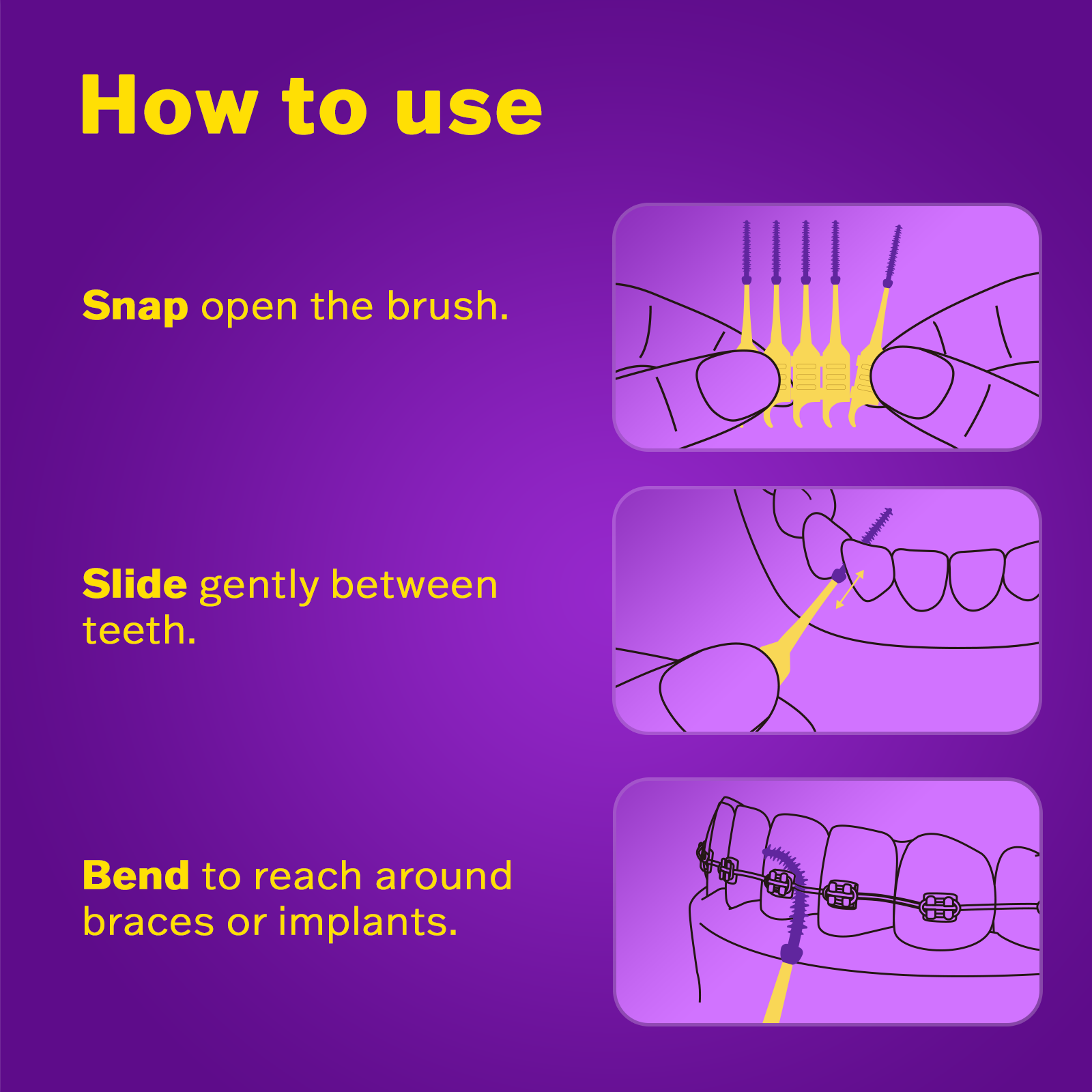 Instructions on how to use a dental tool with illustrations and text on a purple background