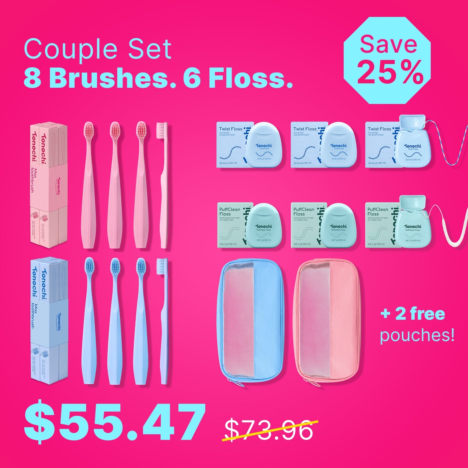 [Couple Set] • 8 Max Toothbrushes + 6 Floss + 2 Free Pouches