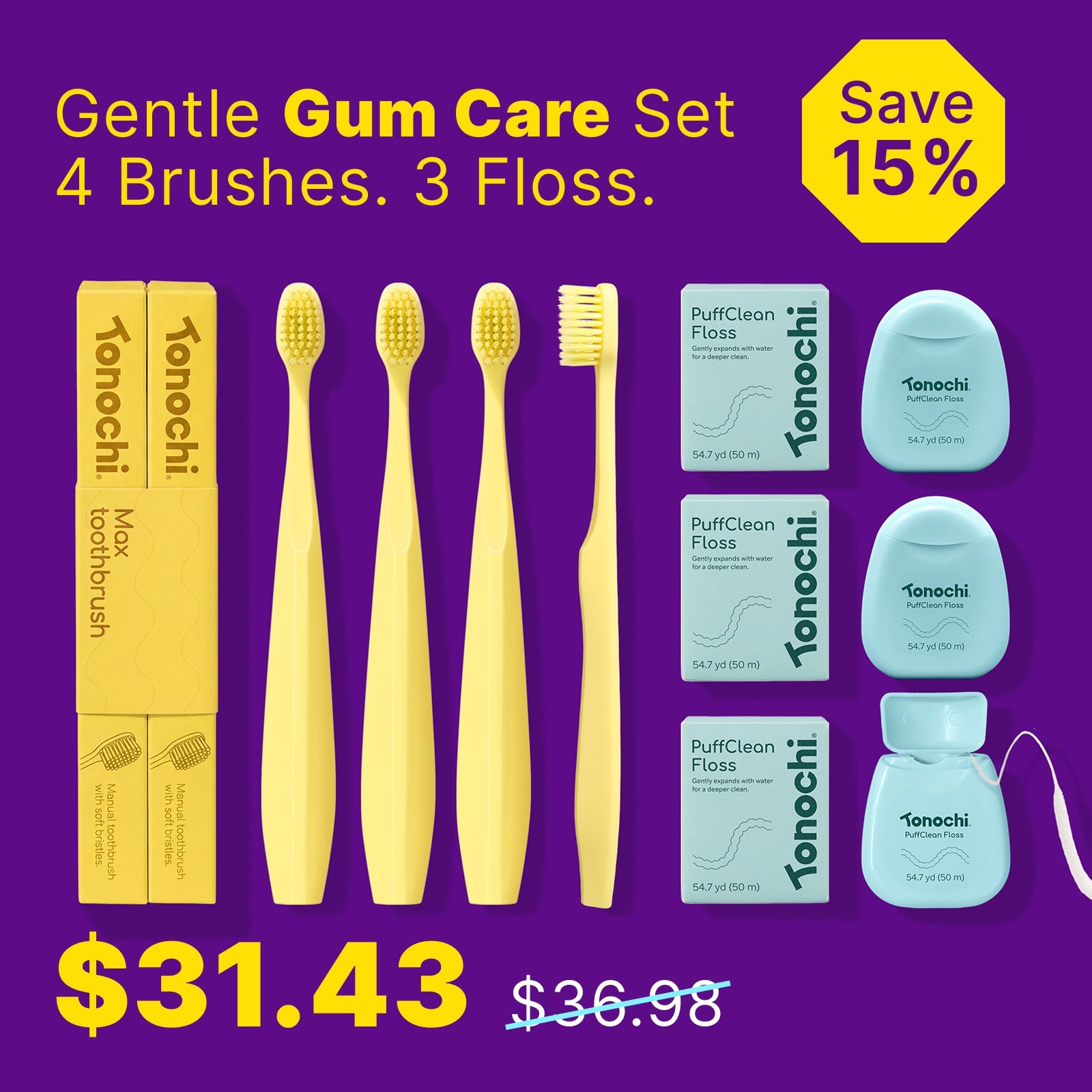[Gentle Gum Care Set] • Max Toothbrush 4-Pack + PuffClean Floss 3-Pack