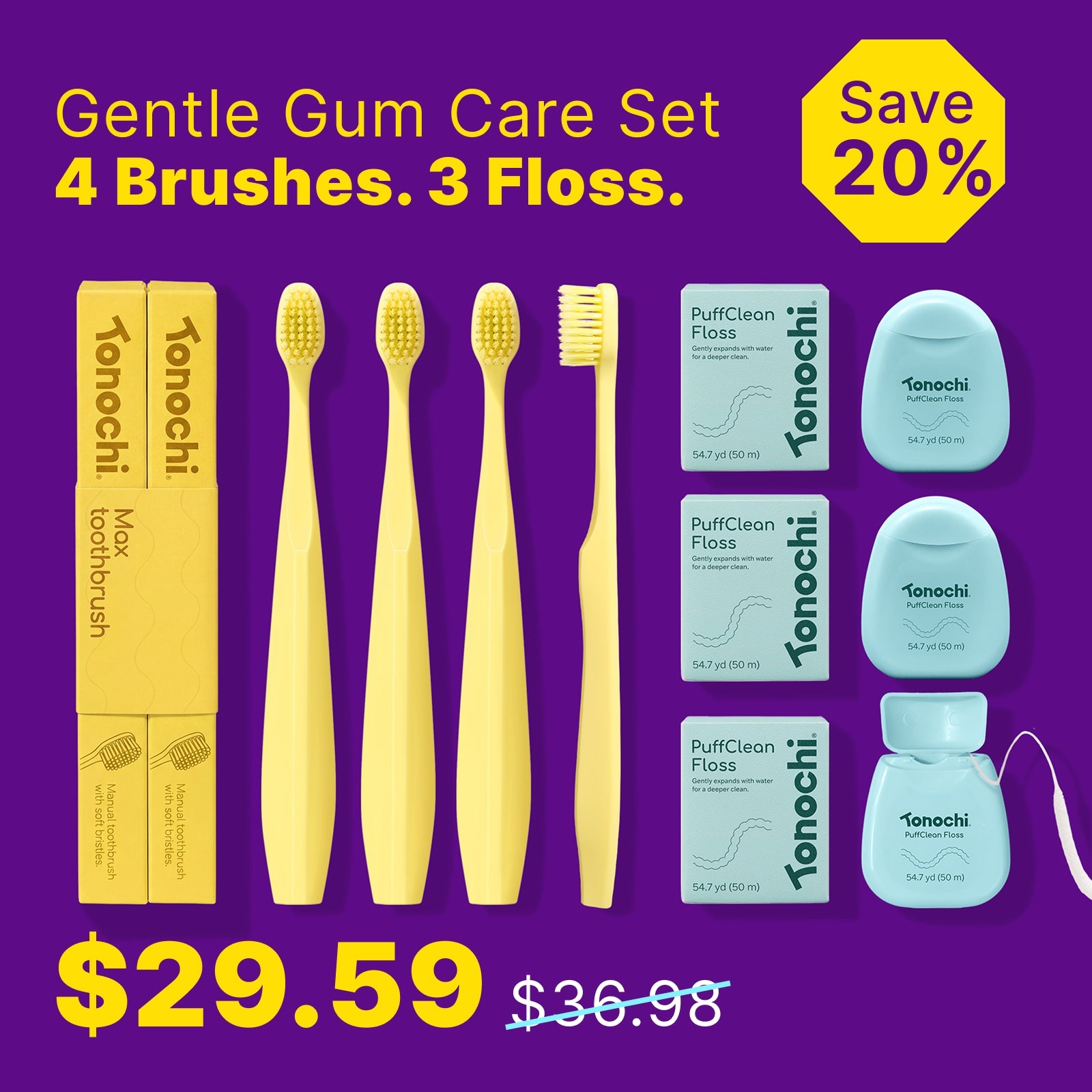 [Gentle Gum Care Set] • Max Toothbrush 4-Pack + PuffClean Floss 3-Pack