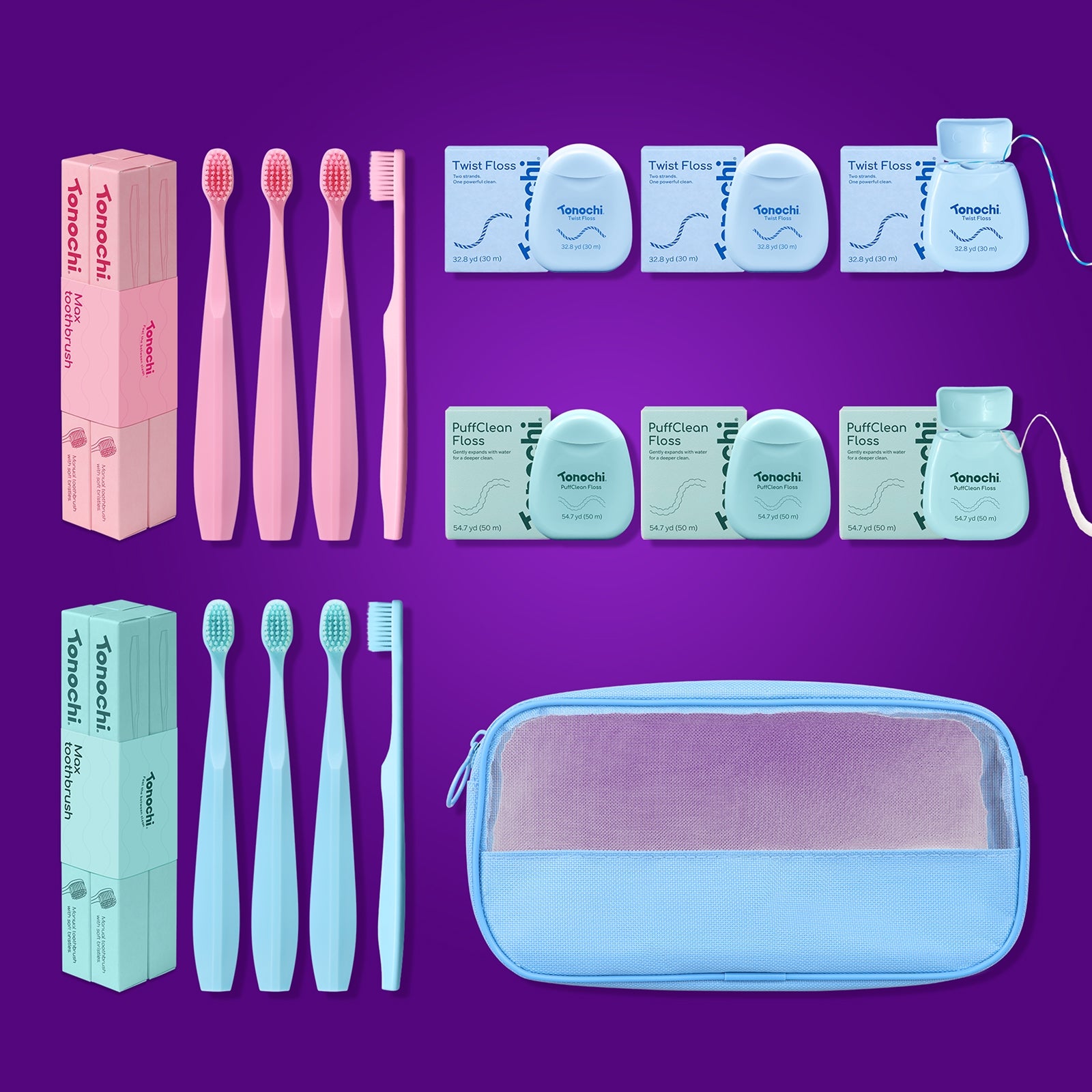 [Couple Set] • 8 Max Toothbrushes + 6 Floss + 2 Free Pouches