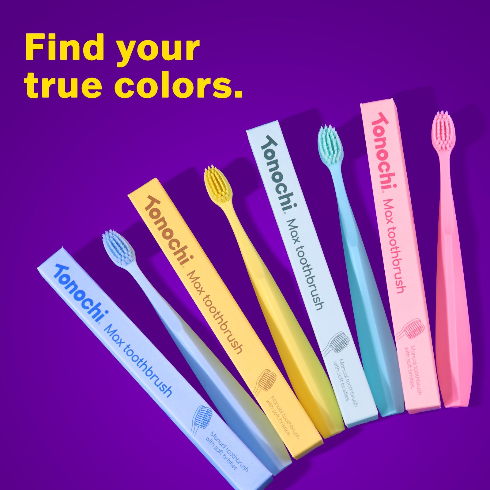 Colorful toothbrushes from Tonochi with the phrase 
