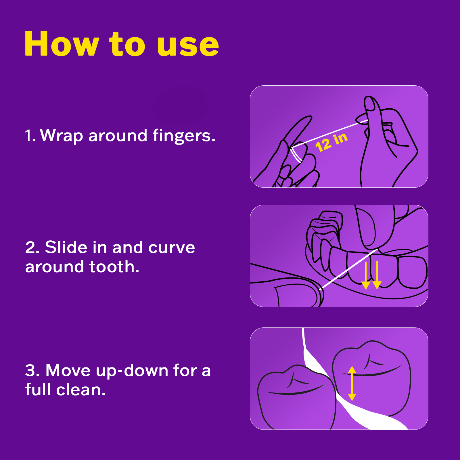 How to use floss: 1. Wrap around fingers. 2. Slide in and curve around tooth. 3. Move up-down for a full clean.