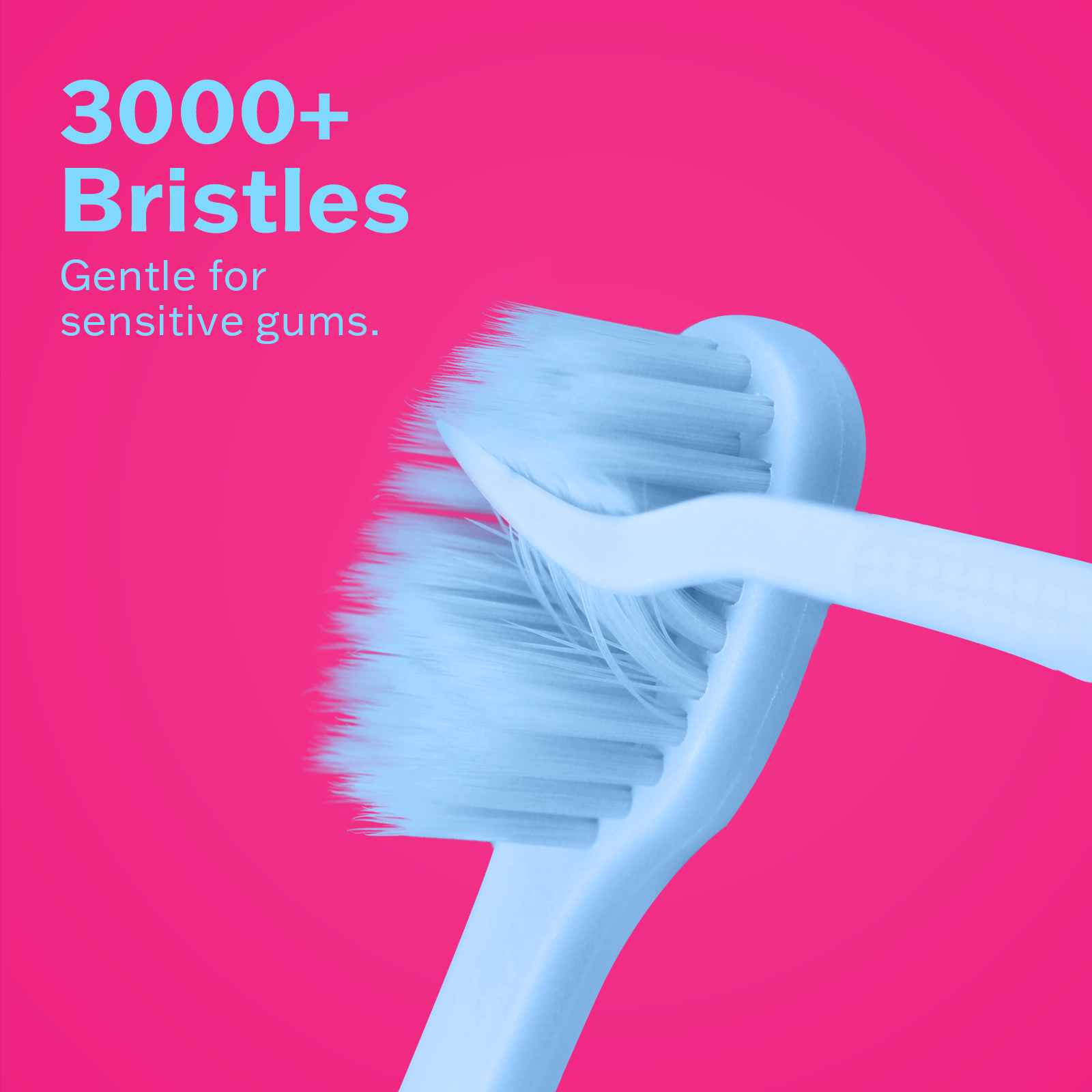 3000+ bristles on a blue toothbrush against a pink background, labeled 