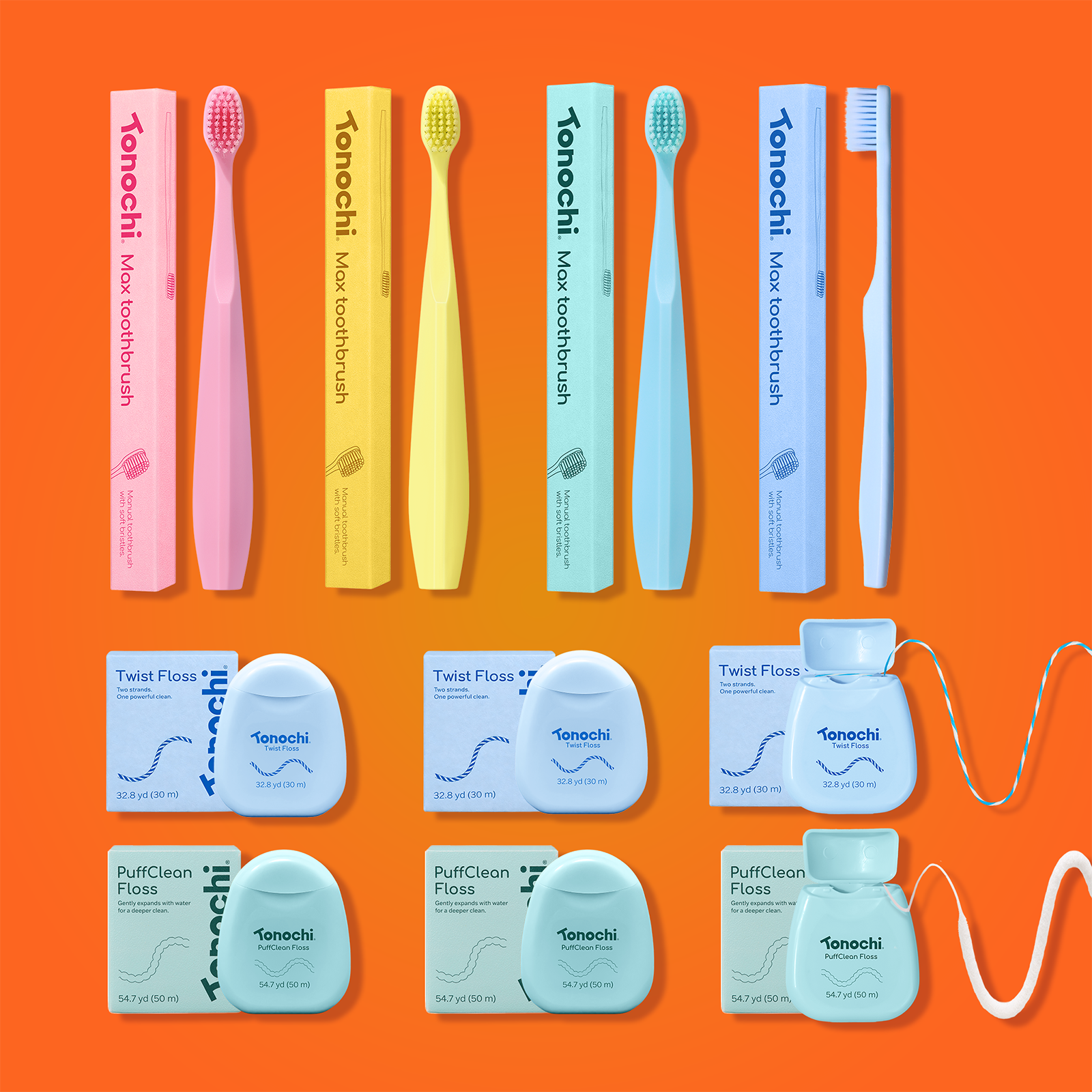 Colorful Tonochi Max toothbrushes and floss products are arranged on a bright pink background.