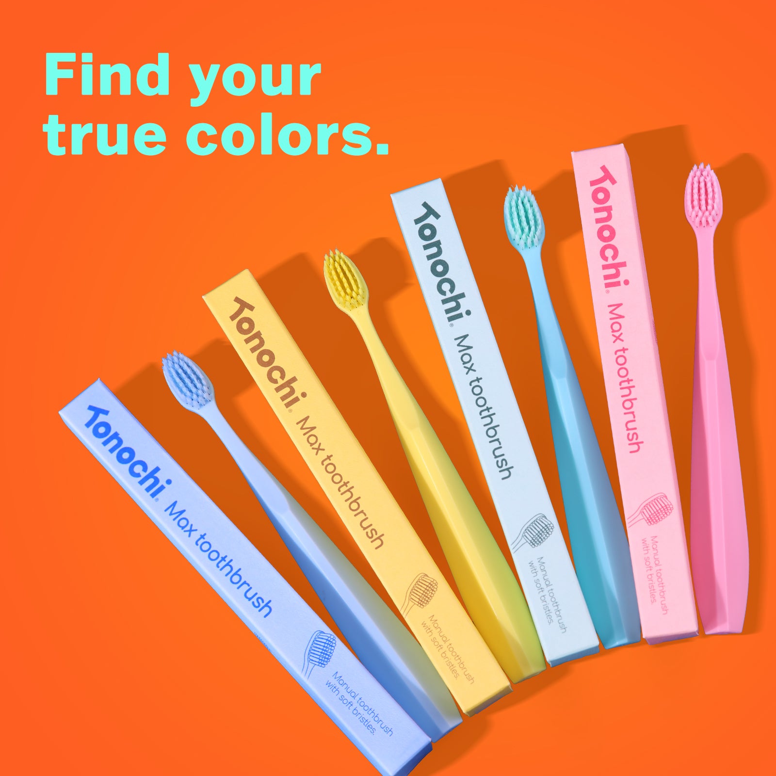 Bright pink background showcases Tonochi Max toothbrushes in vibrant packaging with the text 