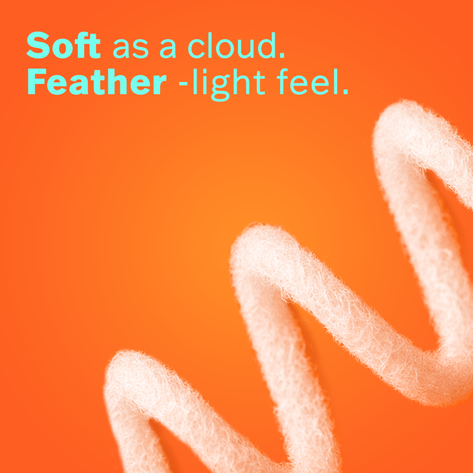 Soft as a cloud and feather-light feel text over a pink background with a textured white spiral design.