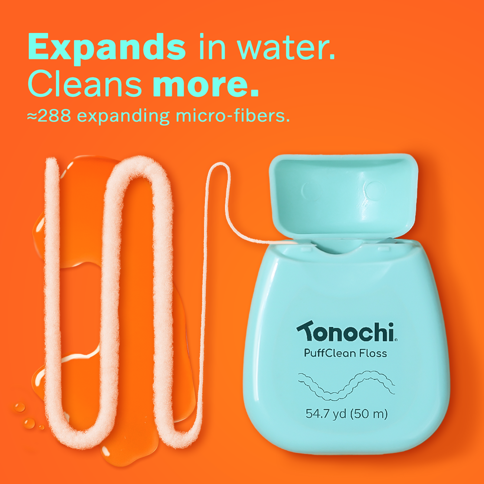 Tonochi PuffClean Floss in a turquoise container, with pink floss and water droplets, emphasizes 