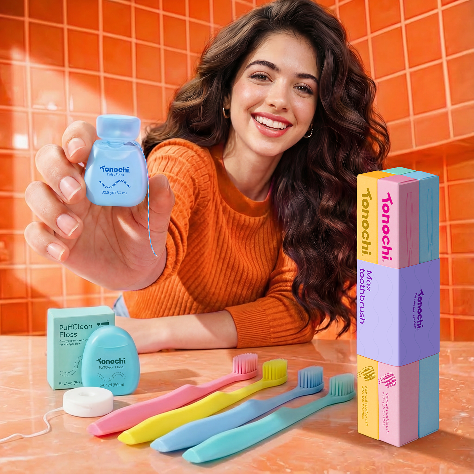 A smiling woman in a pink sweater holds Tonochi Floss against a vibrant pink tile backdrop, surrounded by colorful toothbrushes.